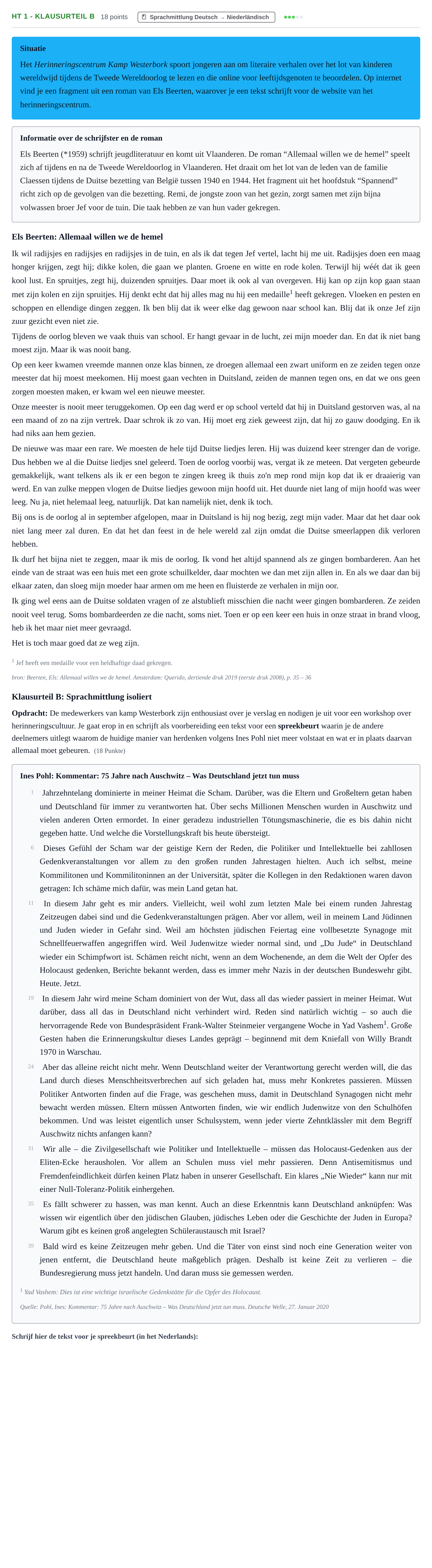 Aufgabenstellung: Aufgabe HT 1 - Klausurteil B · Abitur NRW Niederländisch GK · Haupttermin · neu einsetzend · Weit 2021