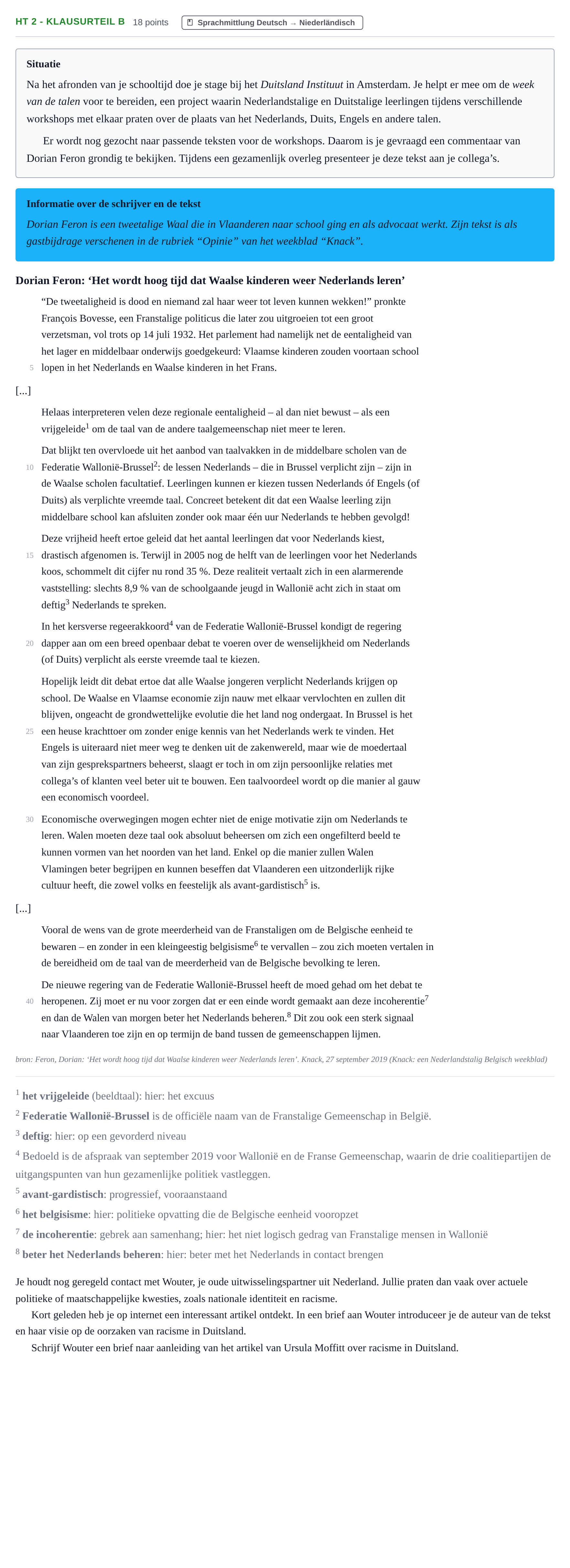 Aufgabenstellung: Aufgabe HT 2 - Klausurteil B · Abitur NRW Niederländisch GK · Haupttermin · neu einsetzend · Weit 2021