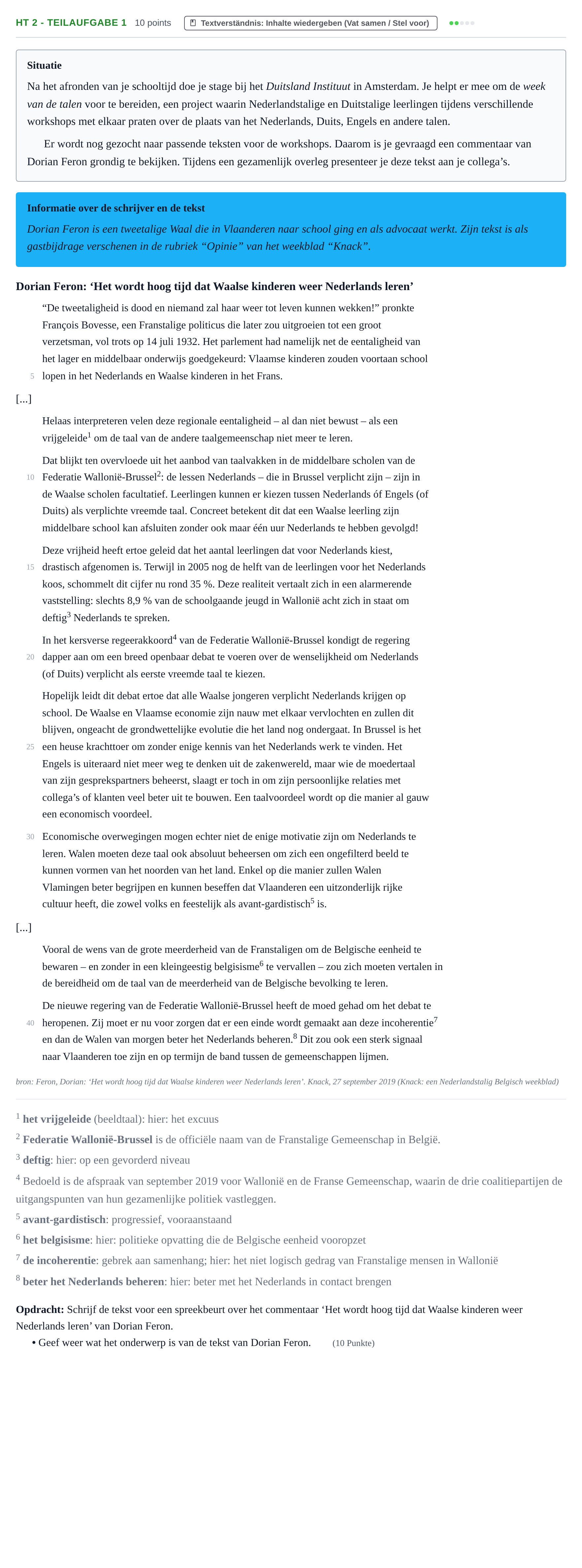 Aufgabenstellung: Aufgabe HT 2 - Teilaufgabe 1 · Abitur NRW Niederländisch GK · Haupttermin · neu einsetzend · Weit 2021