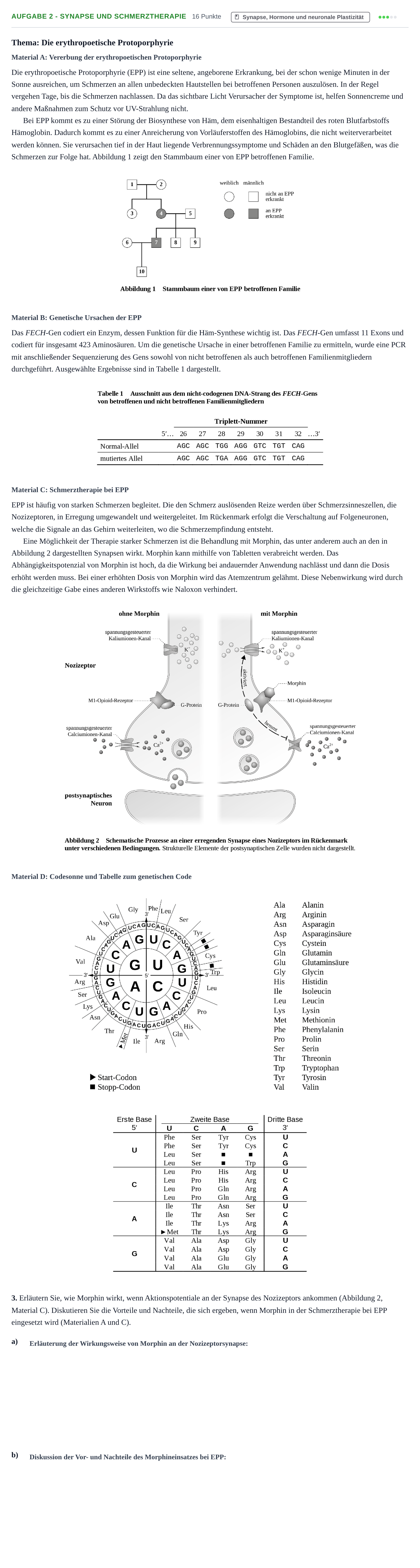Aufgabenstellung: Aufgabe 2 - Synapse und Schmerztherapie · Abitur NRW Biologie GK · Nachtermin · Weiterbildungskolleg 2023