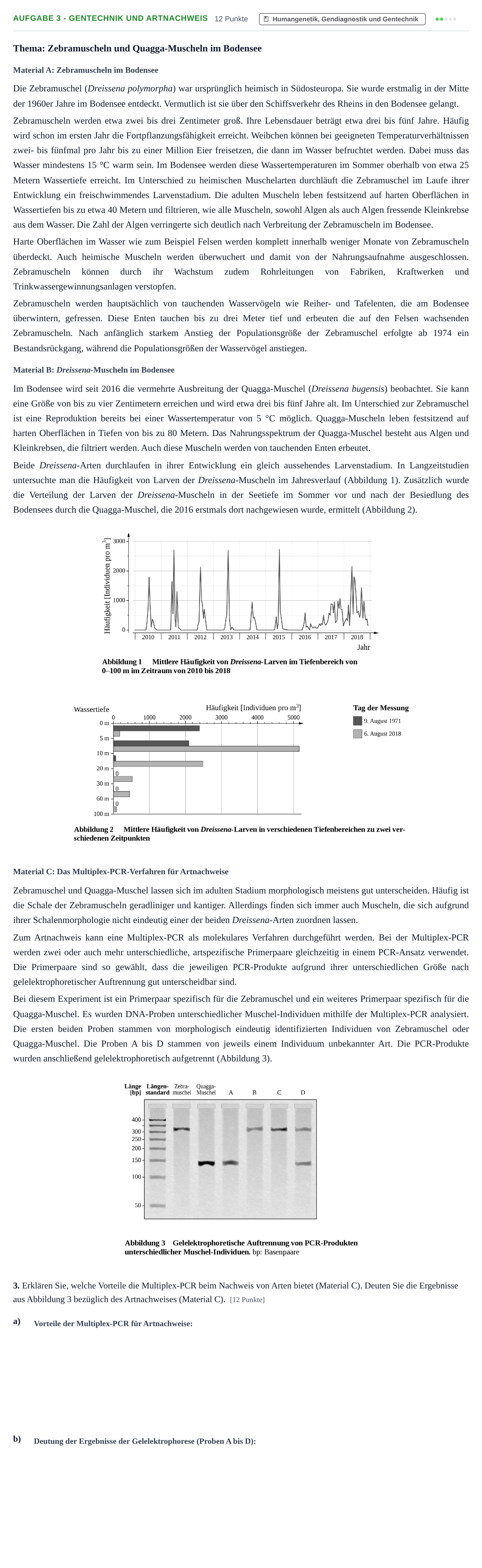 Aufgabenstellung: Aufgabe 3 - Gentechnik und Artnachweis · Abitur NRW Biologie GK · Nachtermin · Weiterbildungskolleg 2023