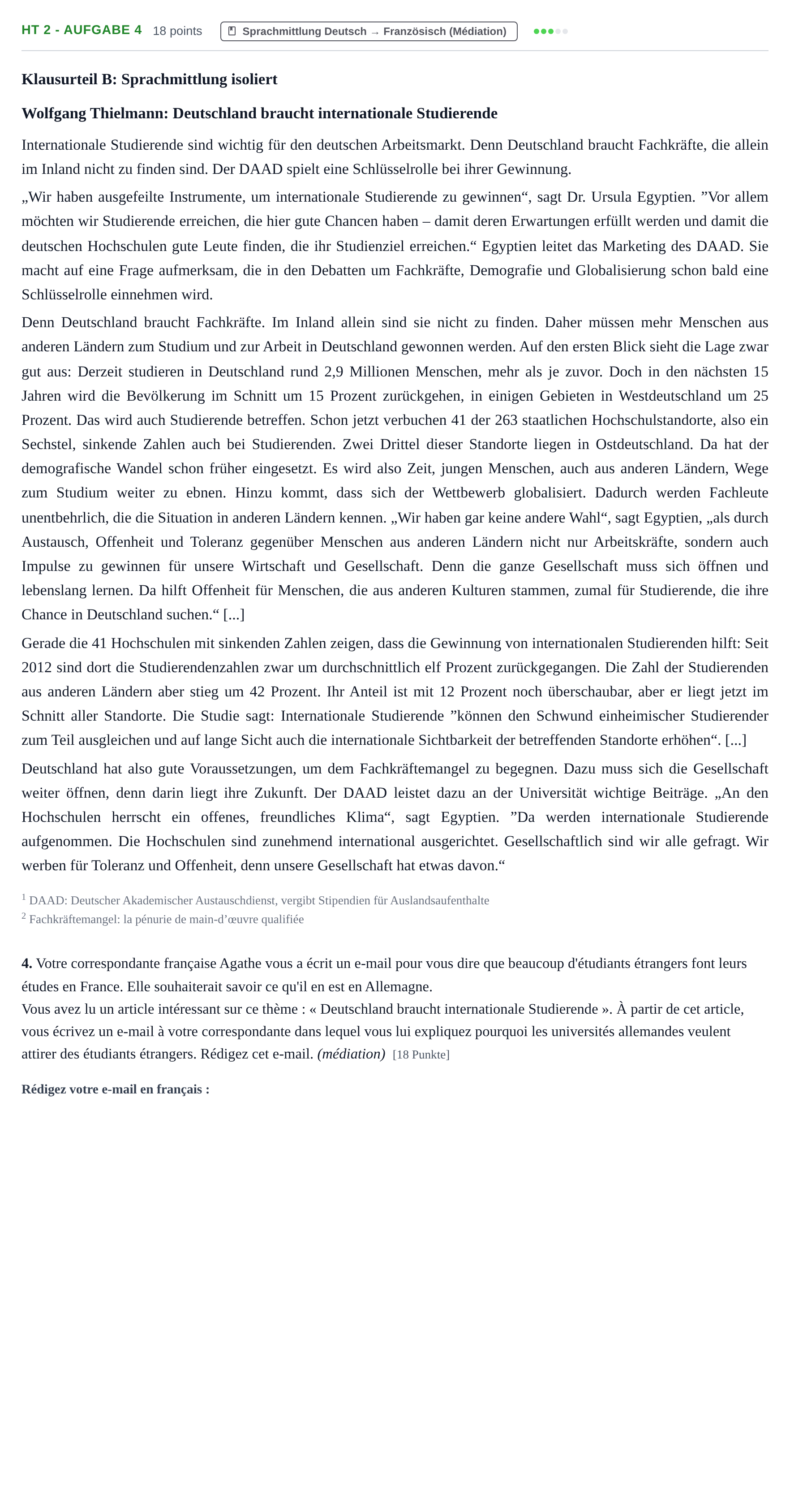 Aufgabenstellung: Aufgabe HT 2 - Aufgabe 4 · Abitur NRW Französisch GK · Haupttermin · neu einsetzend 2023