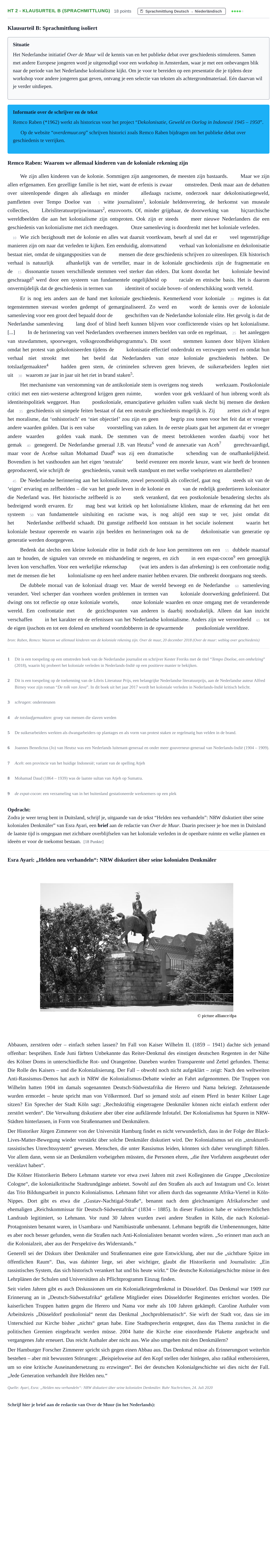 Aufgabenstellung: Aufgabe HT 2 - Klausurteil B (Sprachmittlung) · Abitur NRW Niederländisch LK · Haupttermin · fortgeführt 2021