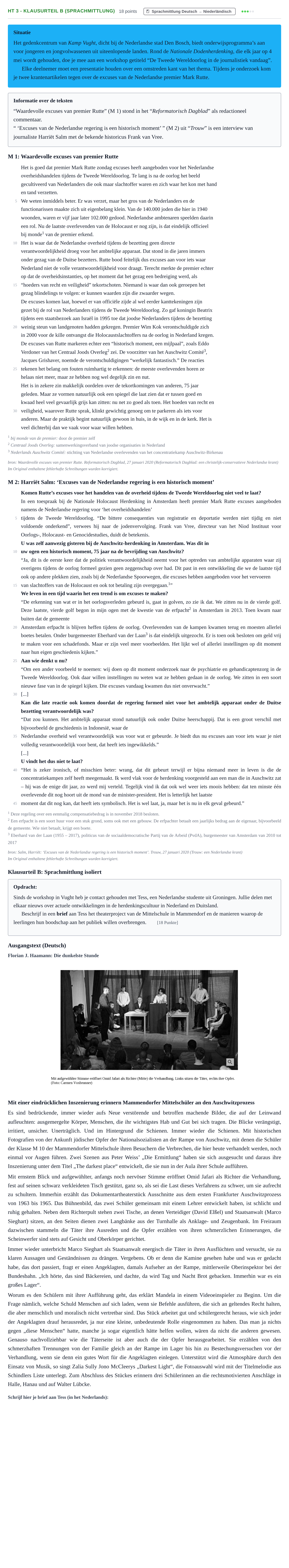 Aufgabenstellung: Aufgabe HT 3 - Klausurteil B (Sprachmittlung) · Abitur NRW Niederländisch LK · Haupttermin · fortgeführt 2021