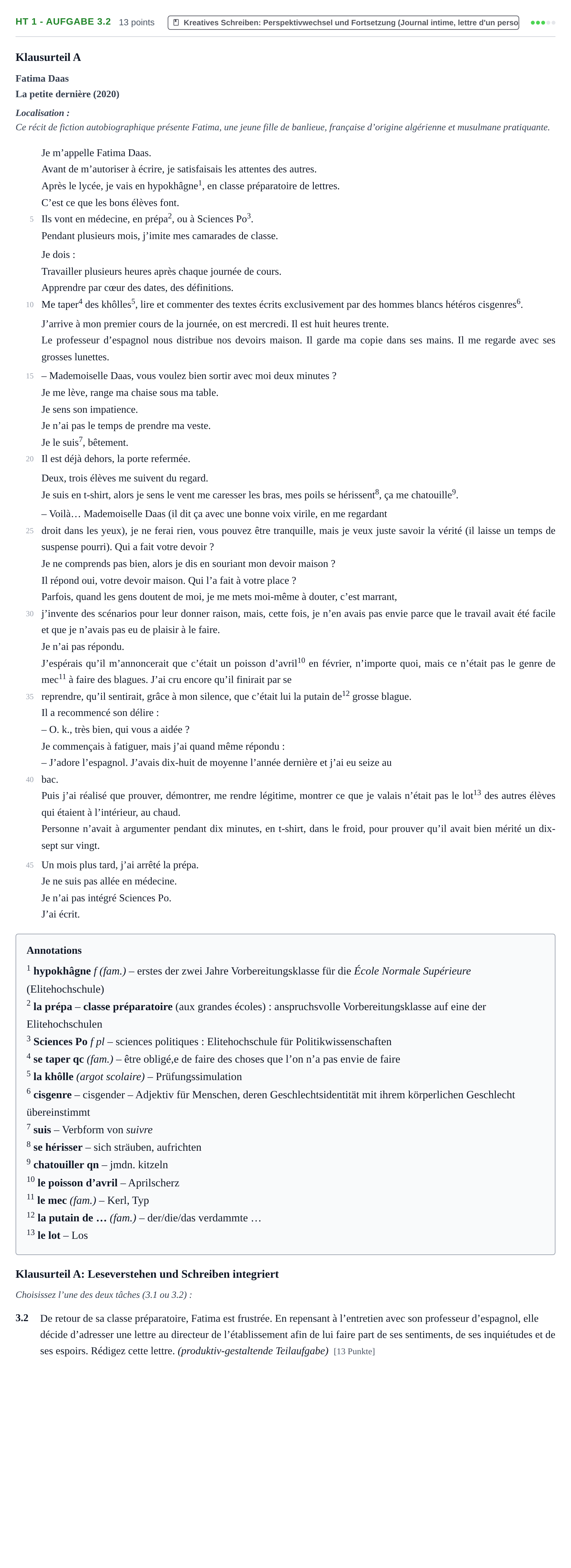 Aufgabenstellung: Aufgabe HT 1 - Aufgabe 3.2 · Abitur NRW Französisch GK · Haupttermin · neu einsetzend · Weit 2023
