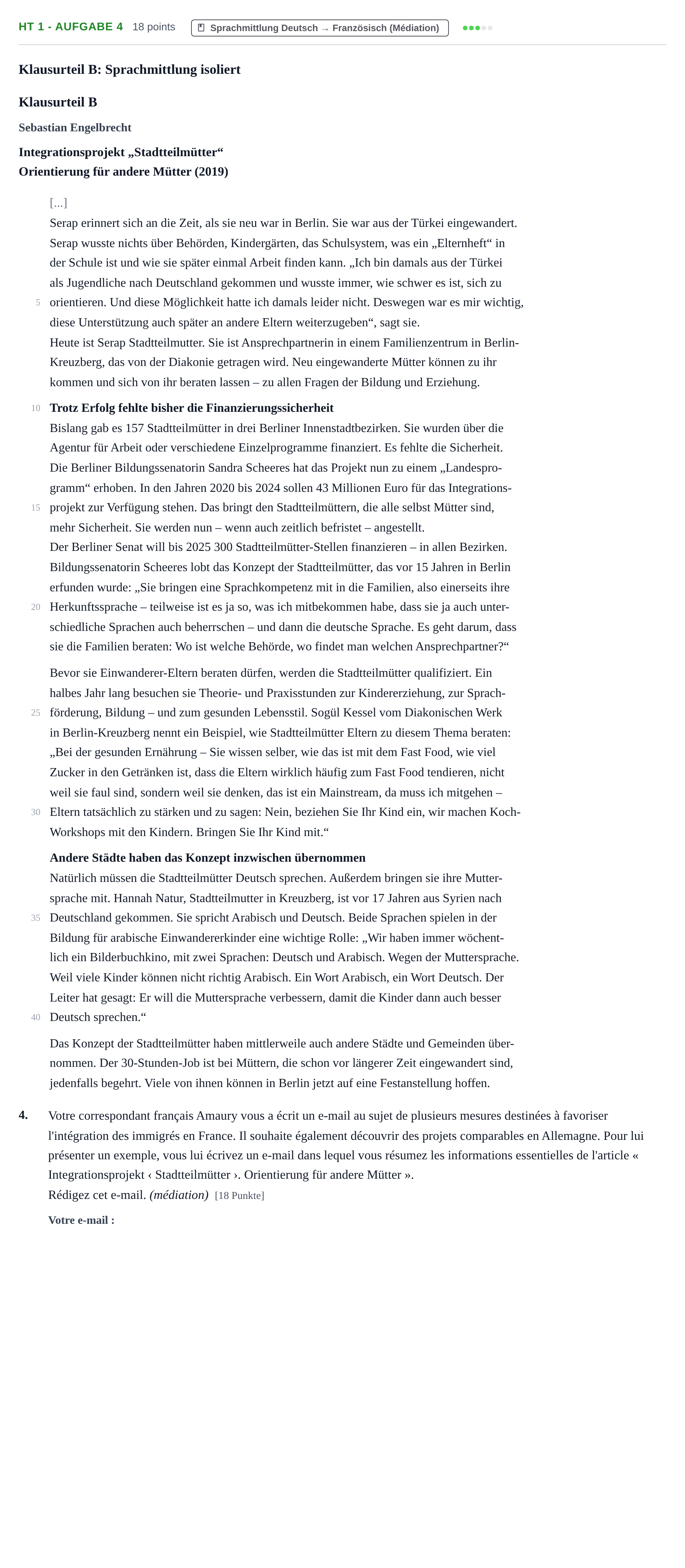 Aufgabenstellung: Aufgabe HT 1 - Aufgabe 4 · Abitur NRW Französisch GK · Haupttermin · neu einsetzend · Weit 2023