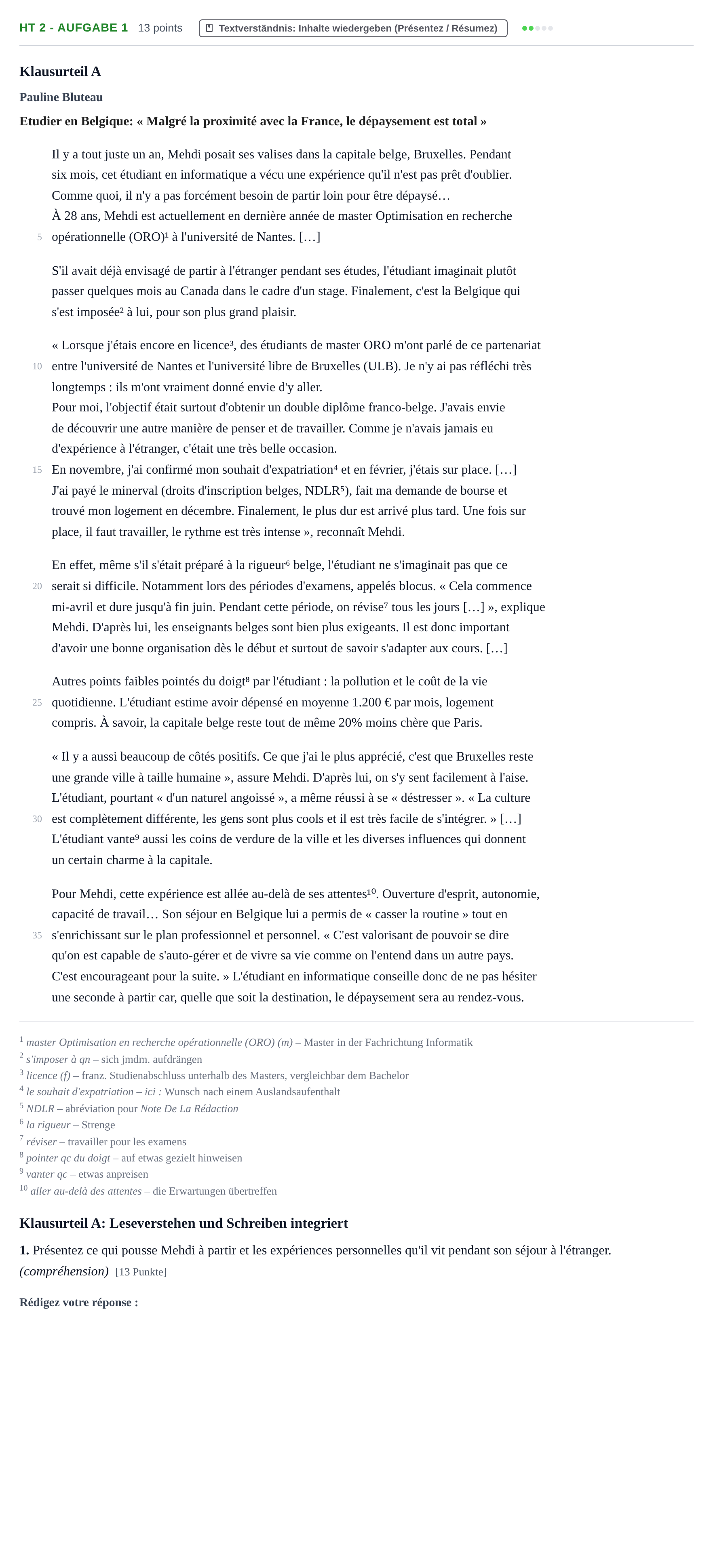 Aufgabenstellung: Aufgabe HT 2 - Aufgabe 1 · Abitur NRW Französisch GK · Haupttermin · neu einsetzend · Weit 2023