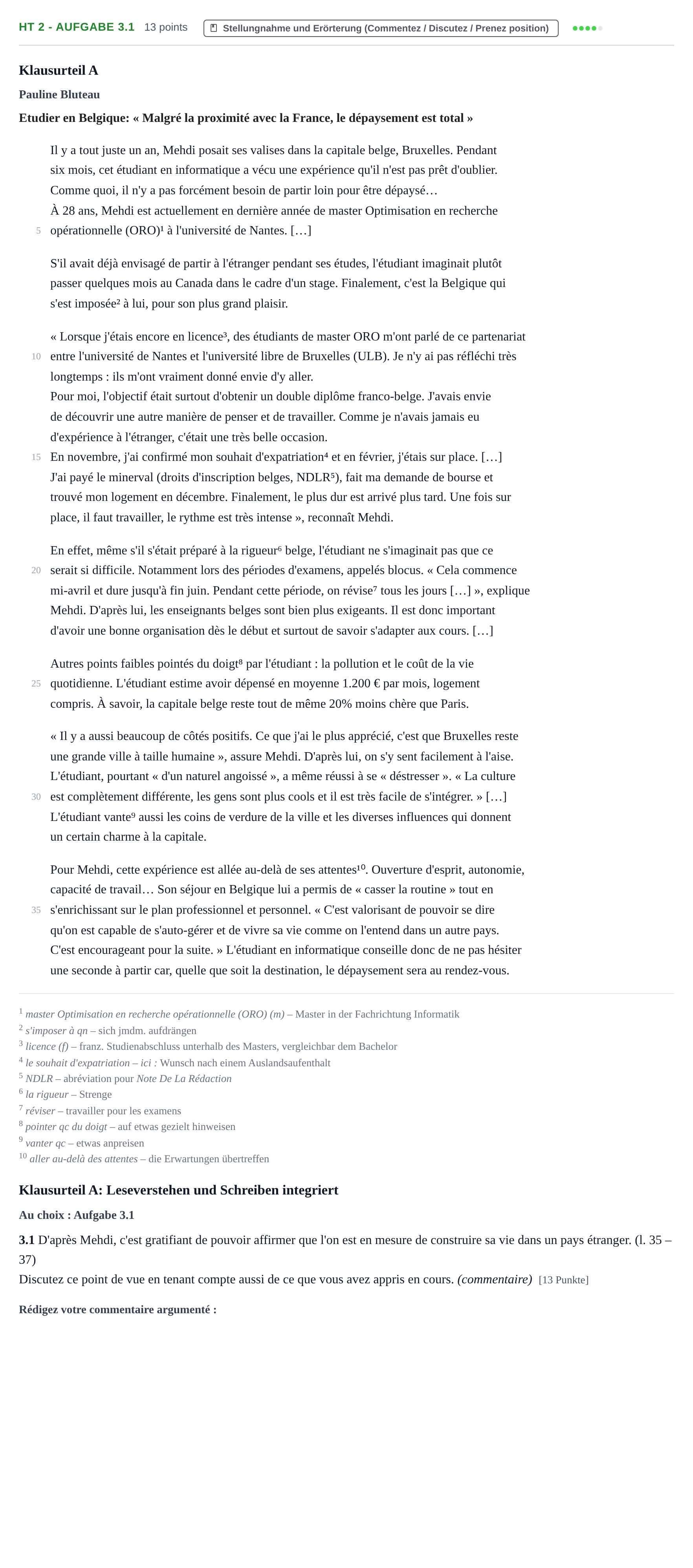 Aufgabenstellung: Aufgabe HT 2 - Aufgabe 3.1 · Abitur NRW Französisch GK · Haupttermin · neu einsetzend · Weit 2023