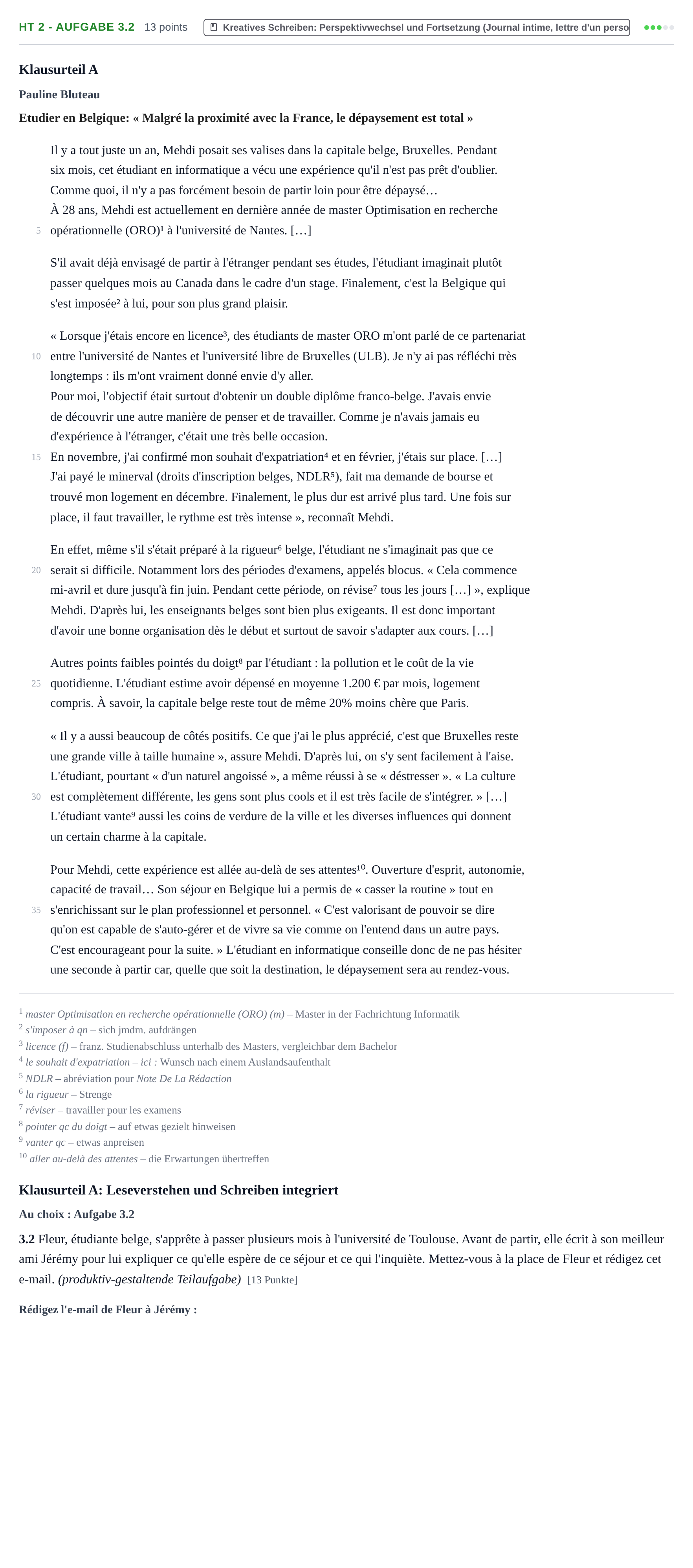 Aufgabenstellung: Aufgabe HT 2 - Aufgabe 3.2 · Abitur NRW Französisch GK · Haupttermin · neu einsetzend · Weit 2023