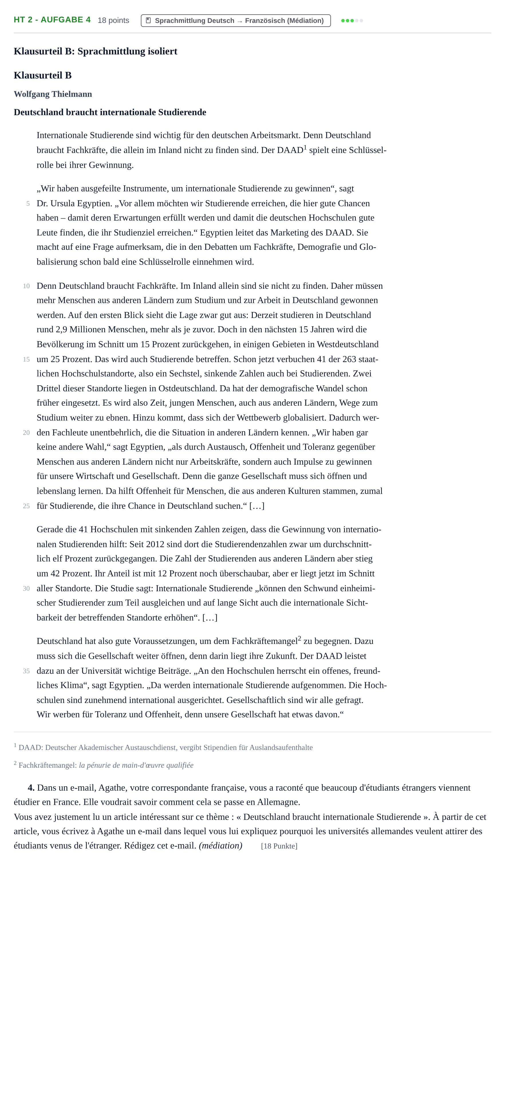 Aufgabenstellung: Aufgabe HT 2 - Aufgabe 4 · Abitur NRW Französisch GK · Haupttermin · neu einsetzend · Weit 2023