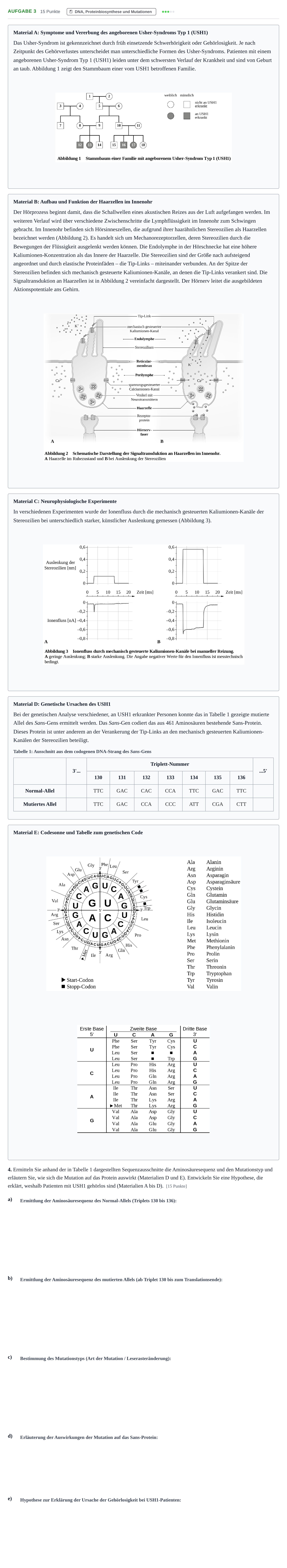 Aufgabenstellung: Aufgabe 3 - DNA, Proteinbiosynthese und Mutationen · Abitur NRW Biologie LK · Haupttermin · Weiterbildungskolleg 2023