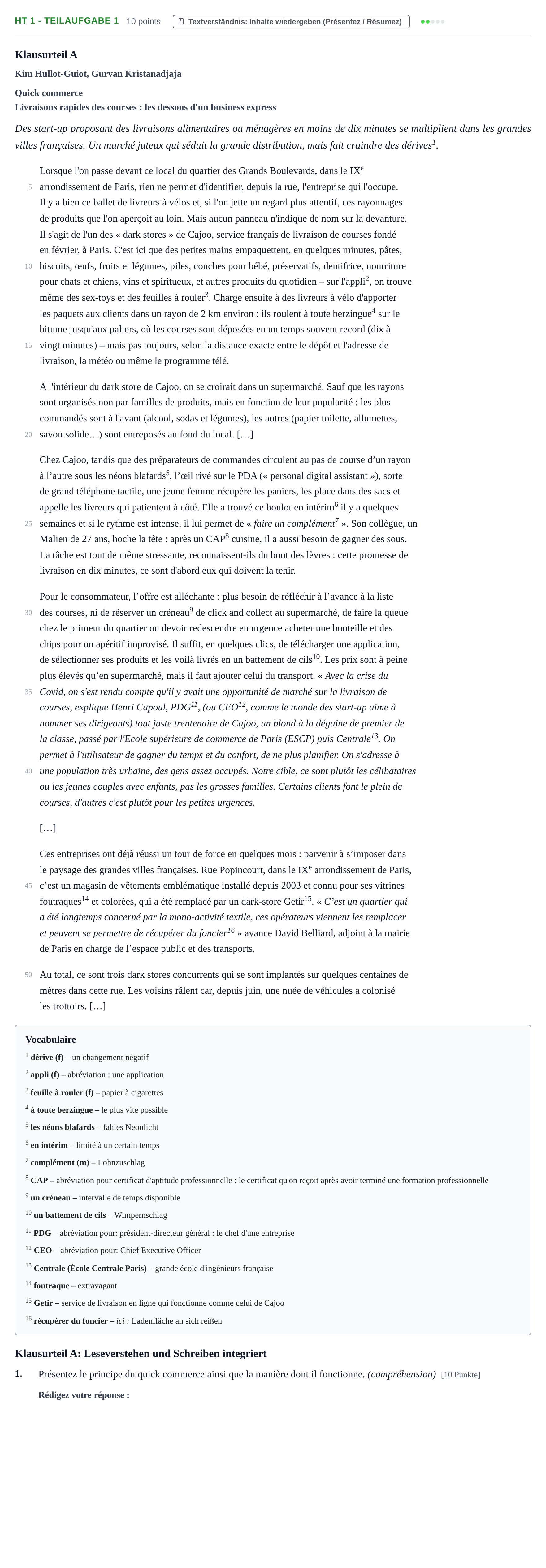 Aufgabenstellung: Aufgabe HT 1 - Teilaufgabe 1 · Abitur NRW Französisch LK · Haupttermin · fortgeführt 2023