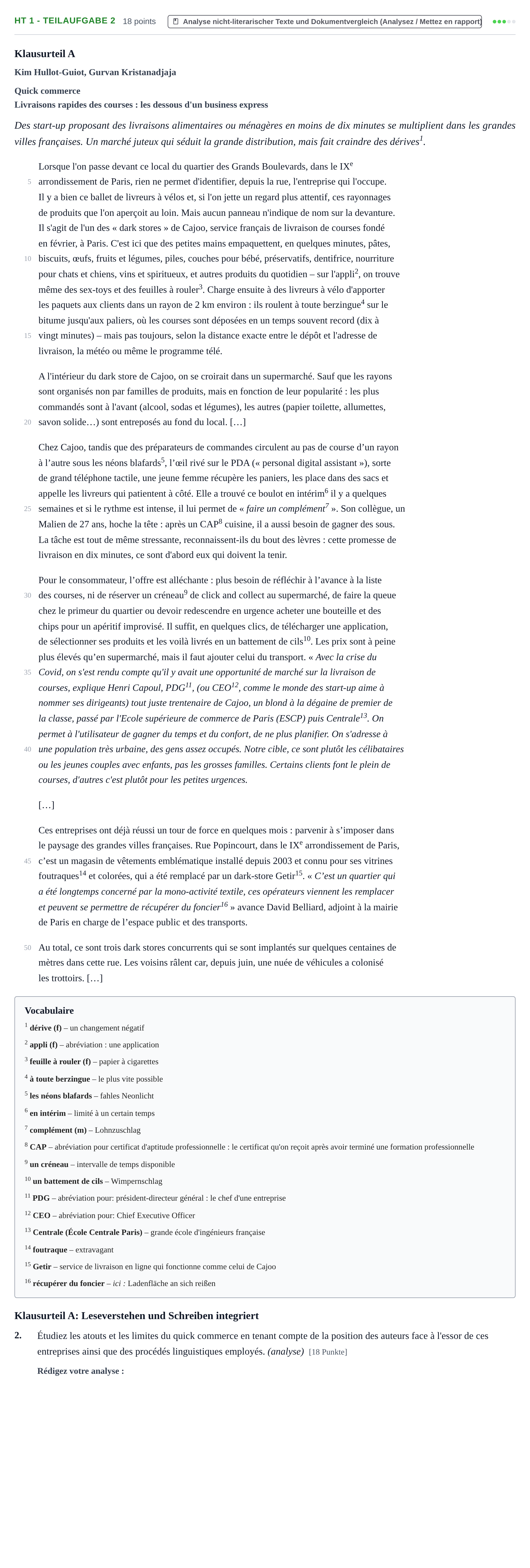 Aufgabenstellung: Aufgabe HT 1 - Teilaufgabe 2 · Abitur NRW Französisch LK · Haupttermin · fortgeführt 2023