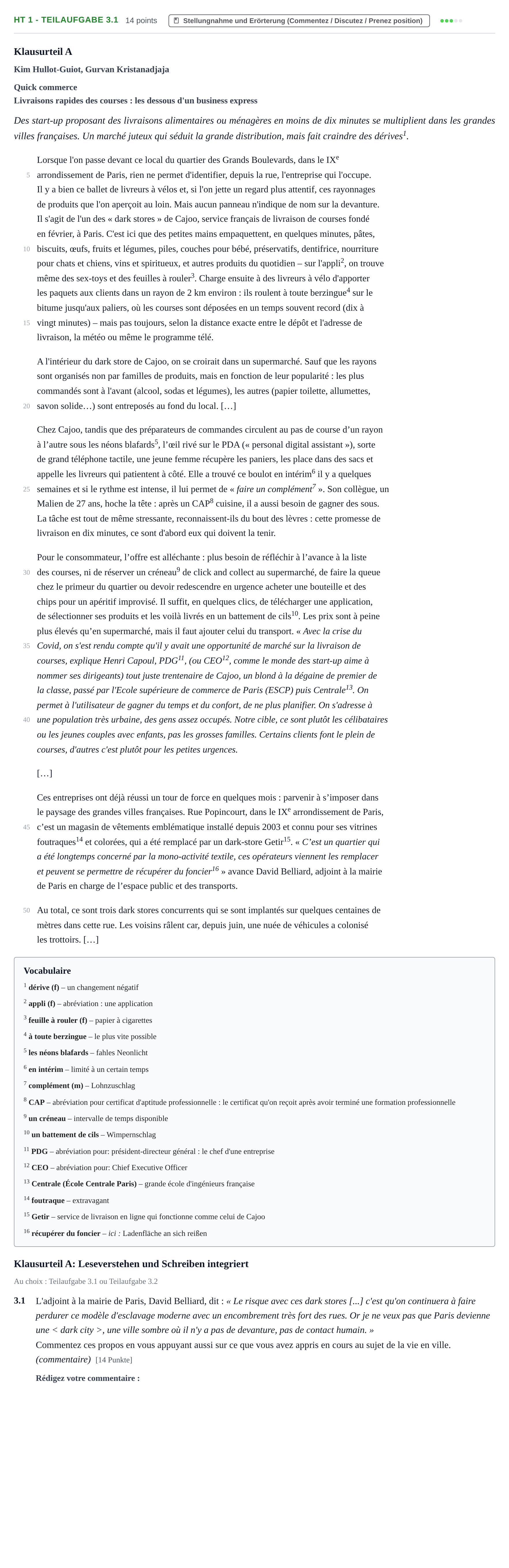 Aufgabenstellung: Aufgabe HT 1 - Teilaufgabe 3.1 · Abitur NRW Französisch LK · Haupttermin · fortgeführt 2023