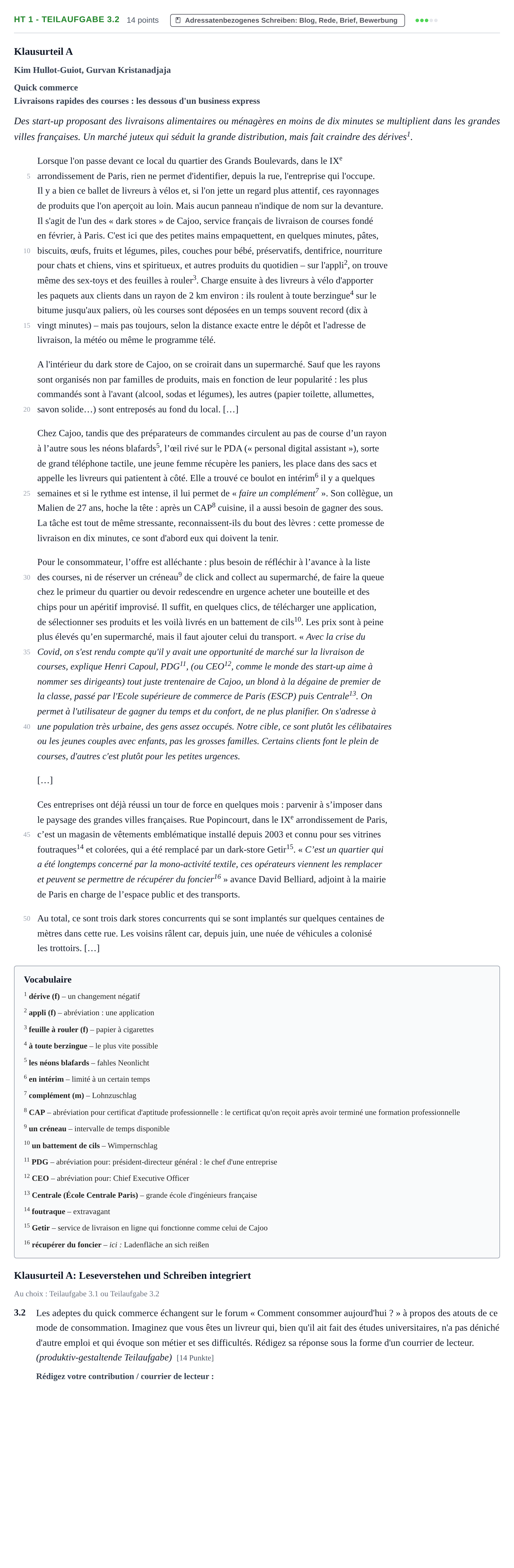 Aufgabenstellung: Aufgabe HT 1 - Teilaufgabe 3.2 · Abitur NRW Französisch LK · Haupttermin · fortgeführt 2023