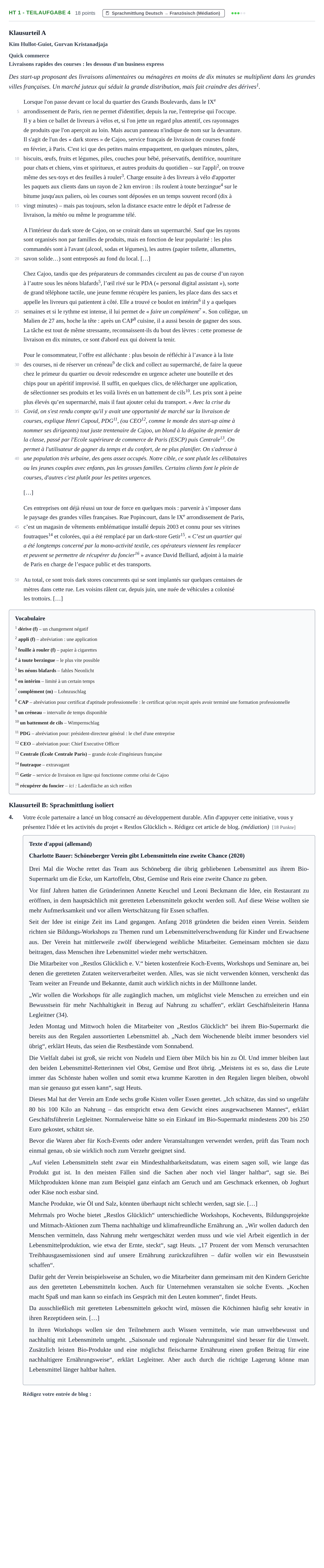 Aufgabenstellung: Aufgabe HT 1 - Teilaufgabe 4 · Abitur NRW Französisch LK · Haupttermin · fortgeführt 2023