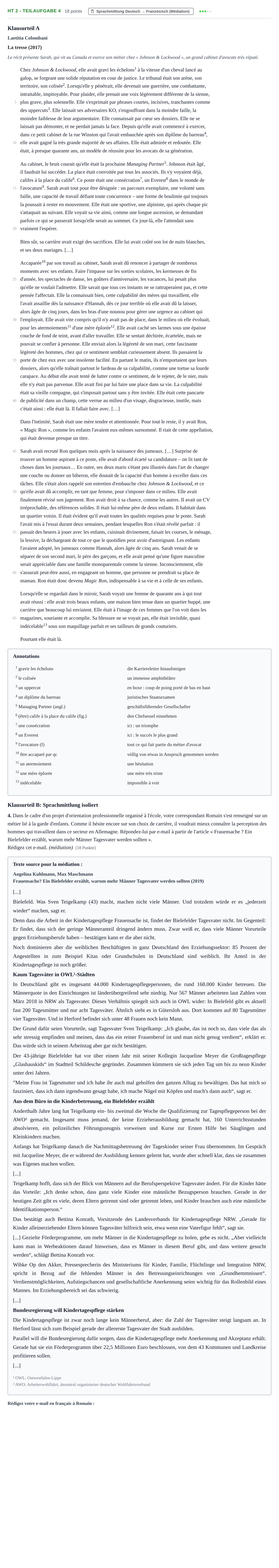Aufgabenstellung: Aufgabe HT 2 - Teilaufgabe 4 · Abitur NRW Französisch LK · Haupttermin · fortgeführt 2023
