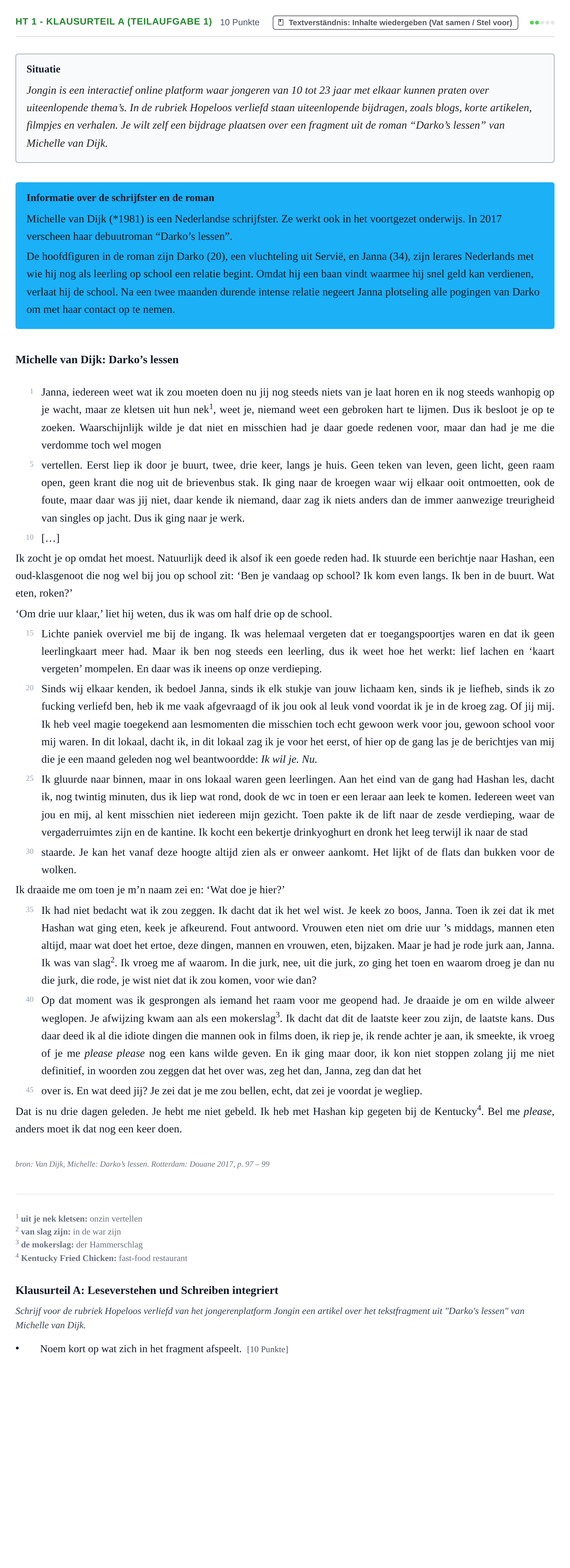 Aufgabenstellung: Aufgabe HT 1 - Klausurteil A (Teilaufgabe 1) · Abitur NRW Niederländisch GK · Haupttermin · fortgeführt 2022