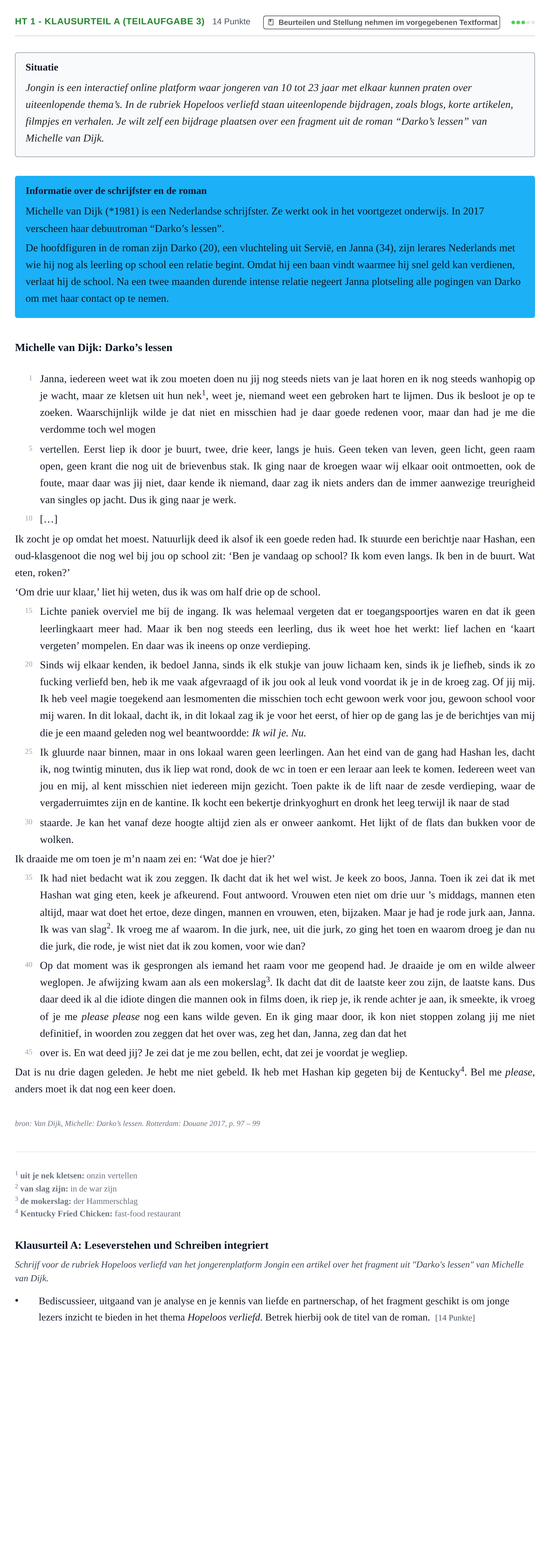 Aufgabenstellung: Aufgabe HT 1 - Klausurteil A (Teilaufgabe 3) · Abitur NRW Niederländisch GK · Haupttermin · fortgeführt 2022