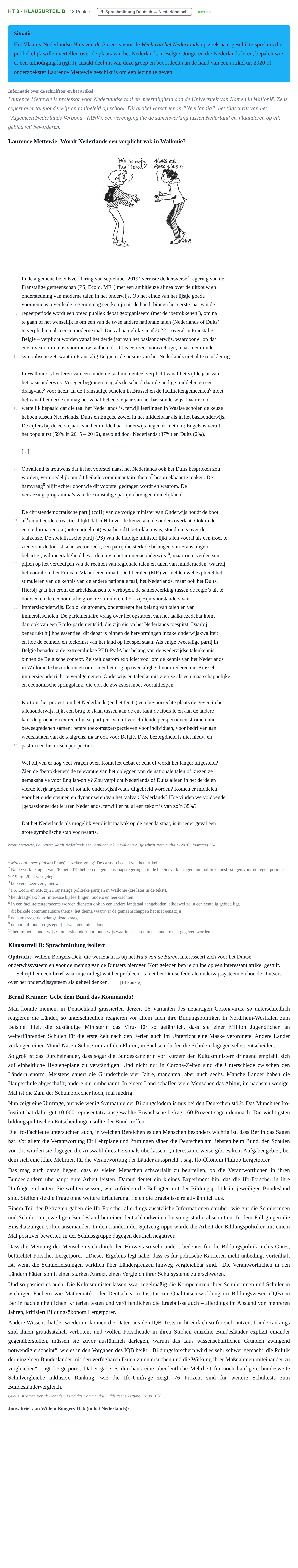 Aufgabenstellung: Aufgabe HT 3 - Klausurteil B · Abitur NRW Niederländisch GK · Haupttermin · fortgeführt 2022