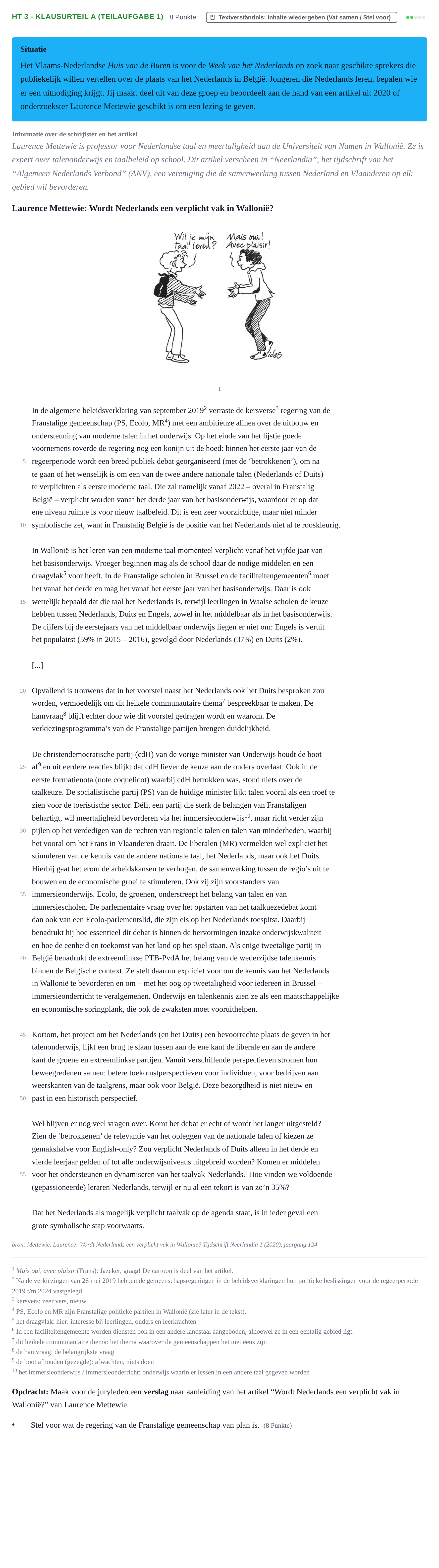 Aufgabenstellung: Aufgabe HT 3 - Klausurteil A (Teilaufgabe 1) · Abitur NRW Niederländisch GK · Haupttermin · fortgeführt 2022