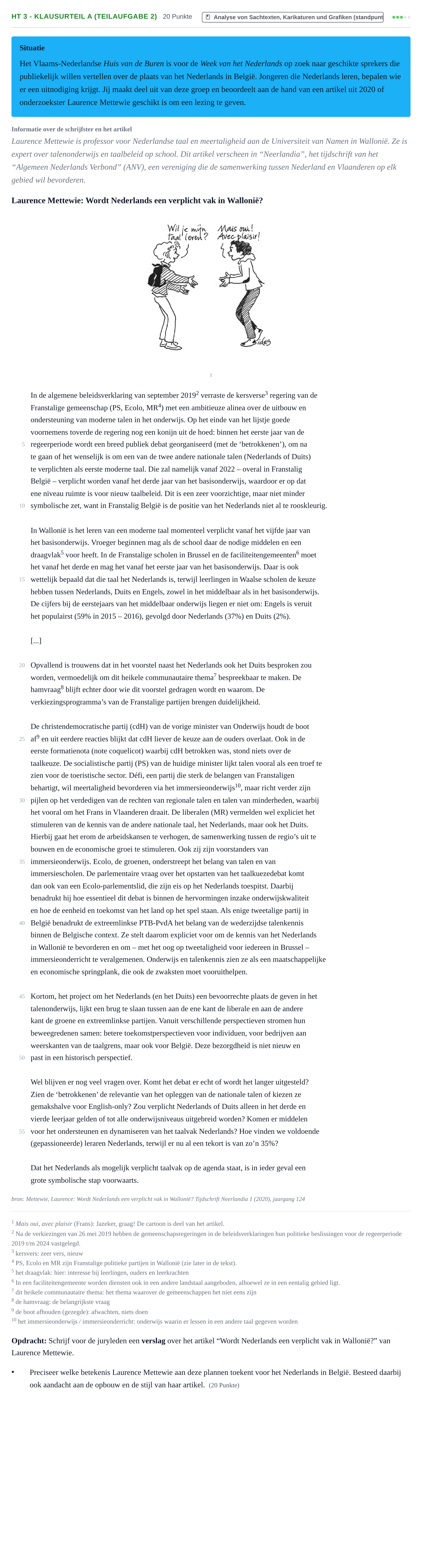 Aufgabenstellung: Aufgabe HT 3 - Klausurteil A (Teilaufgabe 2) · Abitur NRW Niederländisch GK · Haupttermin · fortgeführt 2022
