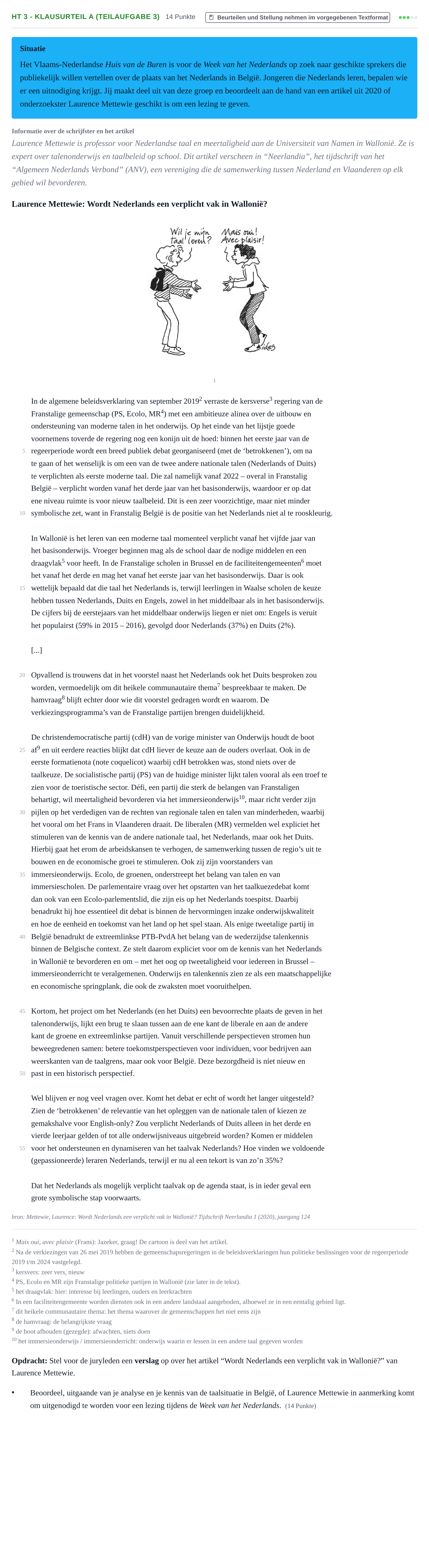 Aufgabenstellung: Aufgabe HT 3 - Klausurteil A (Teilaufgabe 3) · Abitur NRW Niederländisch GK · Haupttermin · fortgeführt 2022