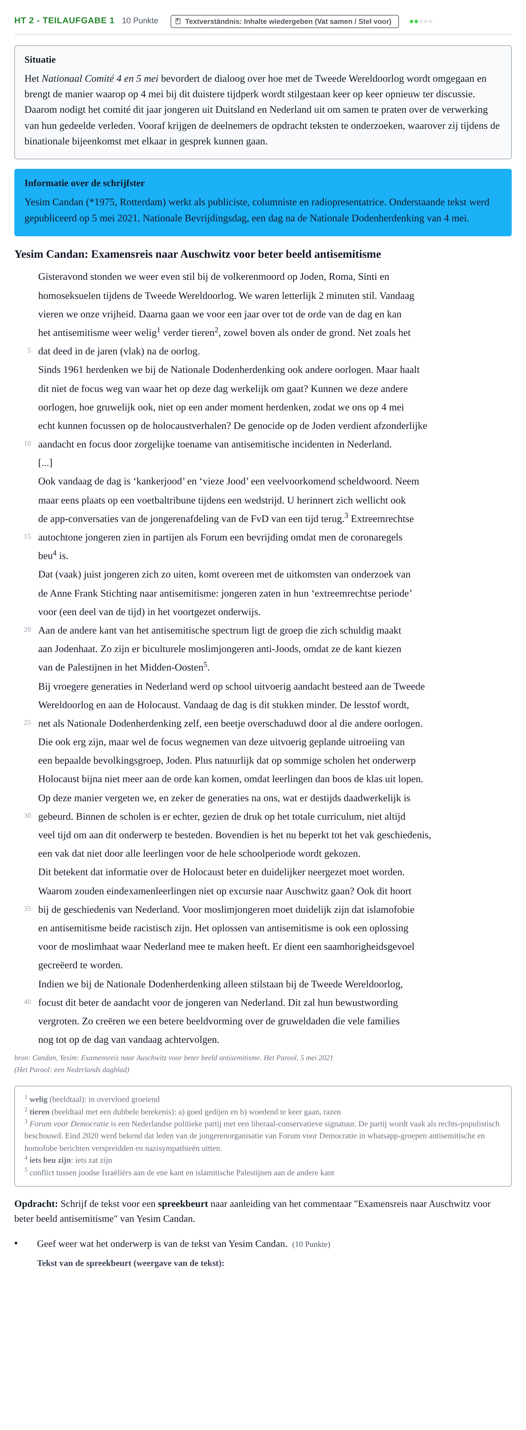 Aufgabenstellung: Aufgabe HT 2 - Teilaufgabe 1 · Abitur NRW Niederländisch GK · Haupttermin · neu einsetzend 2022