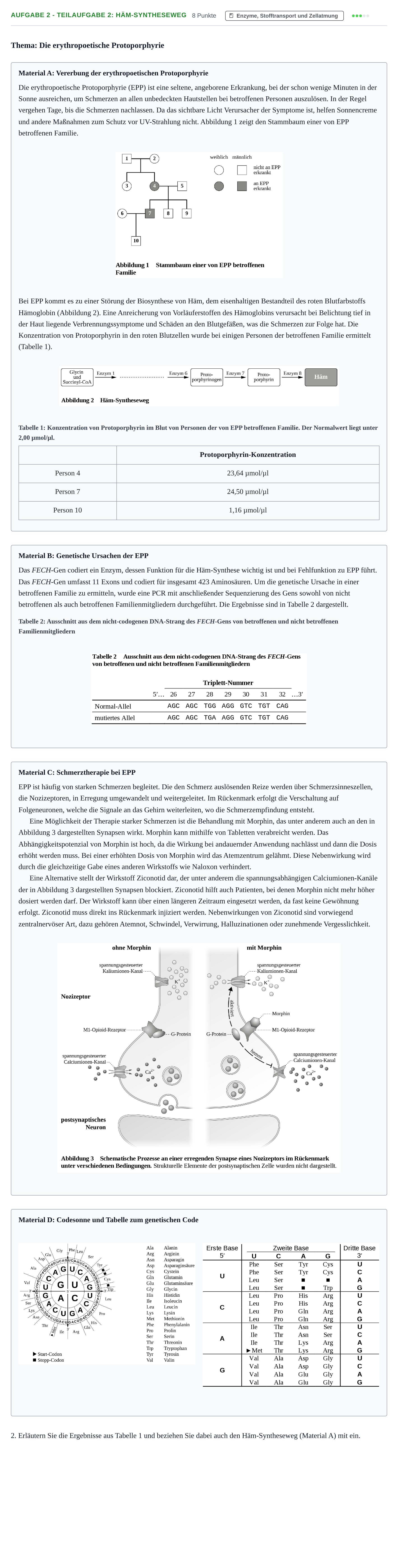 Aufgabenstellung: Aufgabe 2 - Teilaufgabe 2: Häm-Syntheseweg · Abitur NRW Biologie LK · Nachtermin · Weiterbildungskolleg 2023