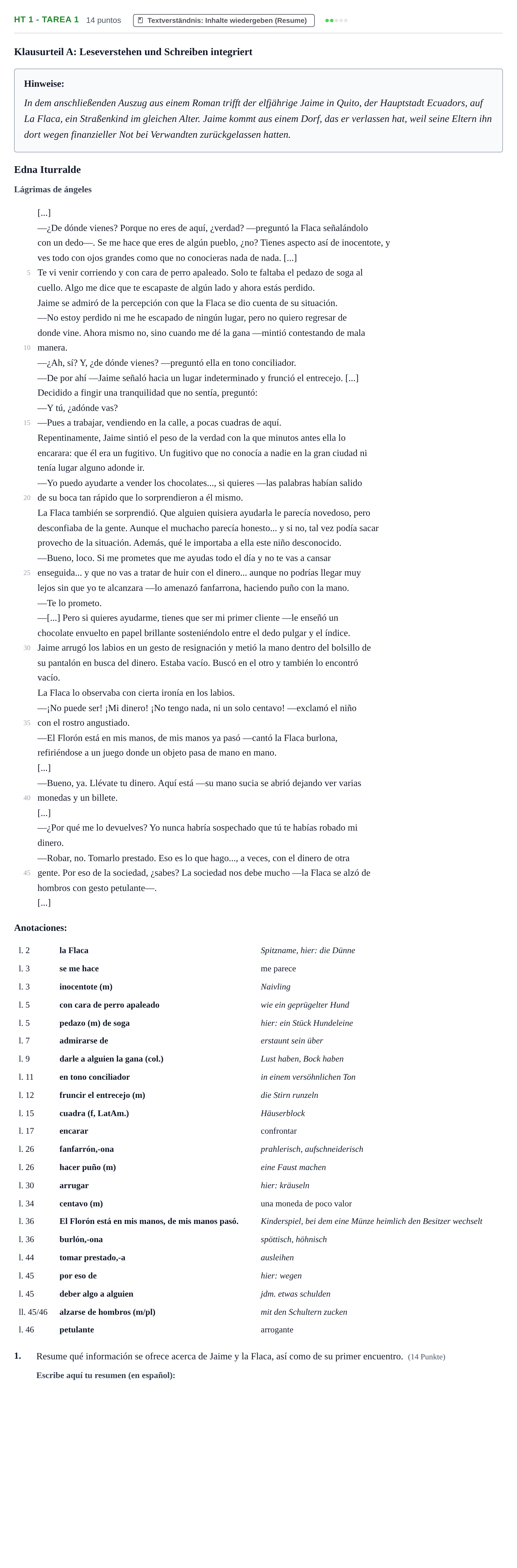 Aufgabenstellung: Aufgabe HT 1 - Tarea 1 · Abitur NRW Spanisch GK · Haupttermin · neu einsetzend 2021
