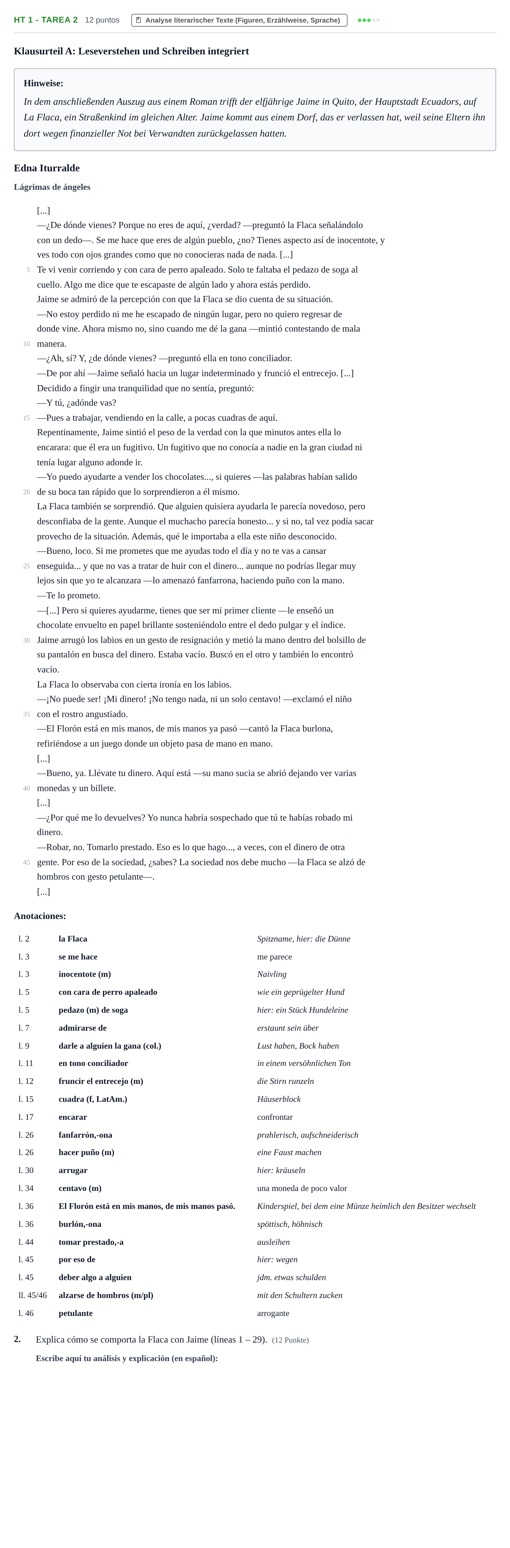 Aufgabenstellung: Aufgabe HT 1 - Tarea 2 · Abitur NRW Spanisch GK · Haupttermin · neu einsetzend 2021