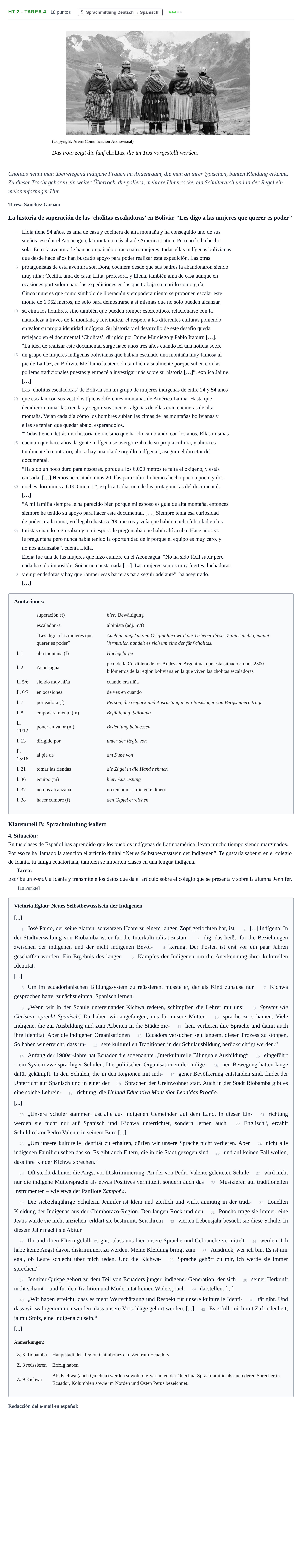 Aufgabenstellung: Aufgabe HT 2 - Tarea 4 · Abitur NRW Spanisch GK · Haupttermin · neu einsetzend 2021