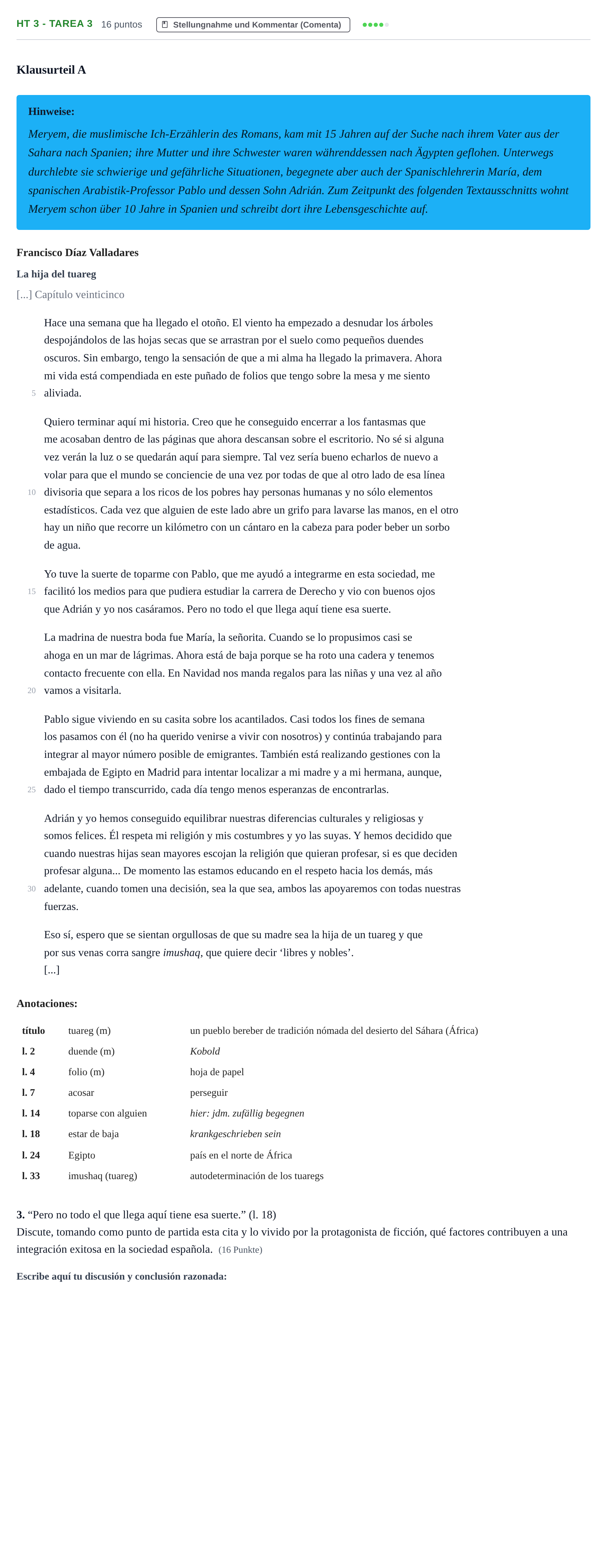 Aufgabenstellung: Aufgabe HT 3 - Tarea 3 · Abitur NRW Spanisch GK · Haupttermin · neu einsetzend 2021