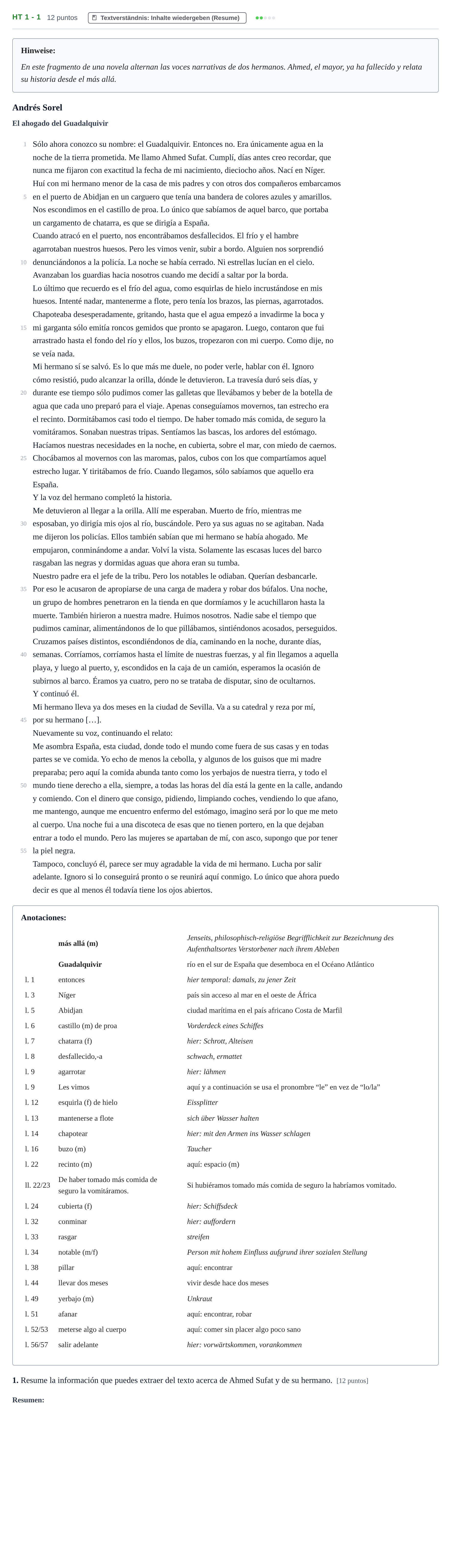 Aufgabenstellung: Aufgabe HT 1 - 1 · Abitur NRW Spanisch GK · Haupttermin · fortgeführt 2021