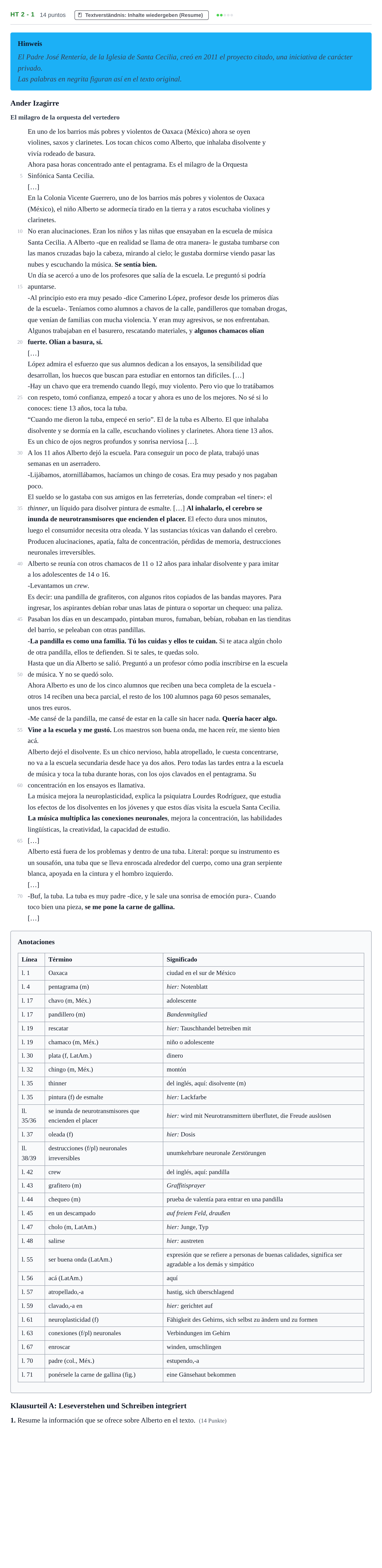 Aufgabenstellung: Aufgabe HT 2 - 1 · Abitur NRW Spanisch GK · Haupttermin · fortgeführt 2021
