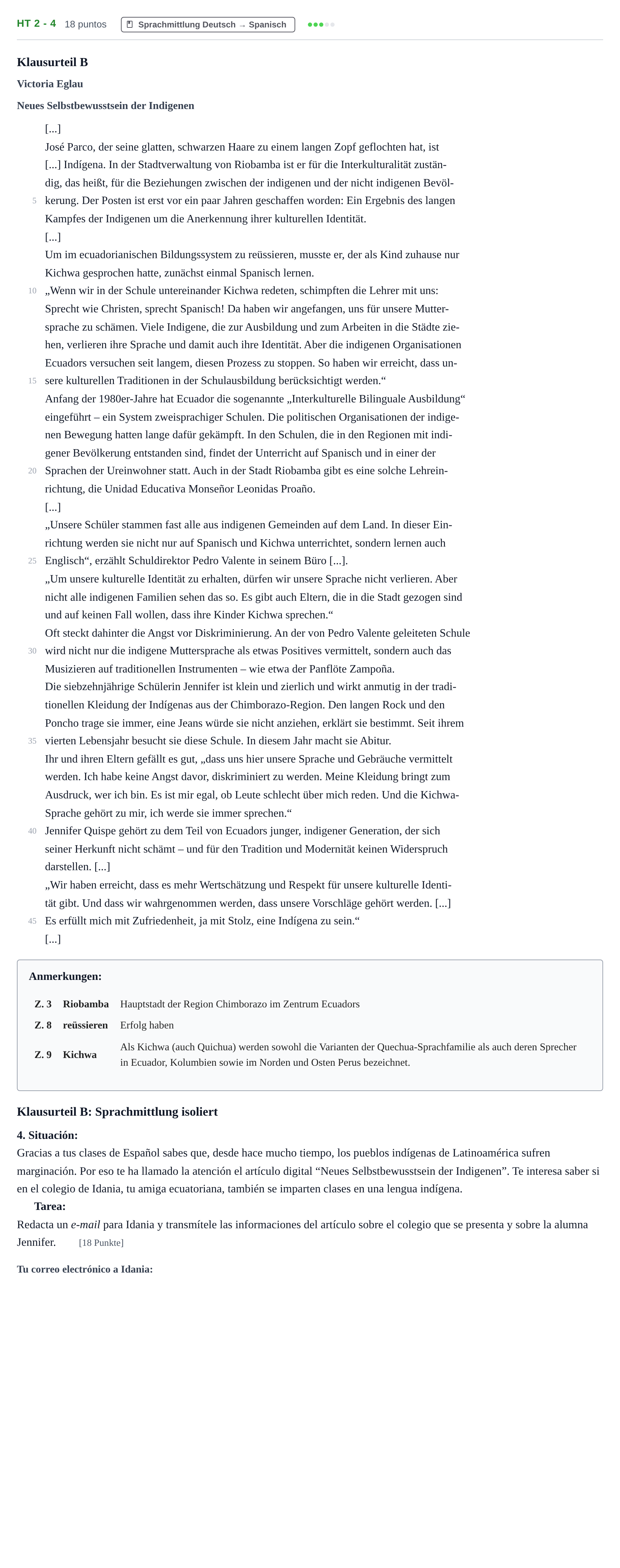 Aufgabenstellung: Aufgabe HT 2 - 4 · Abitur NRW Spanisch GK · Haupttermin · neu einsetzend · Weit 2021