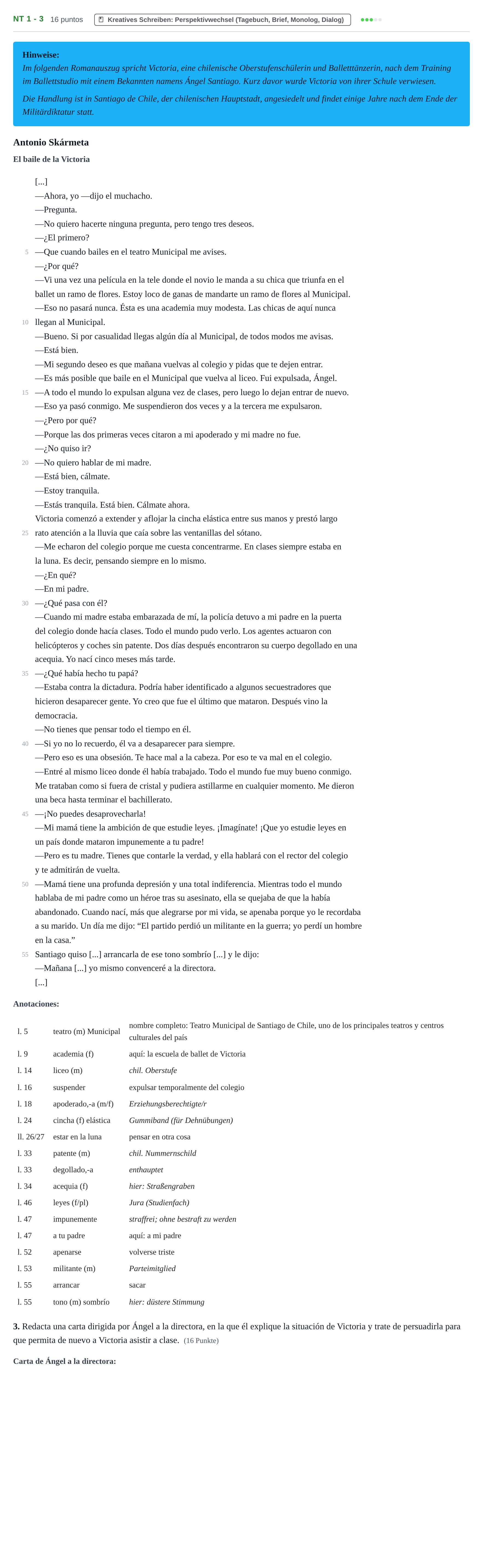 Aufgabenstellung: Aufgabe NT 1 - 3 · Abitur NRW Spanisch GK · Nachtermin · neu einsetzend 2021