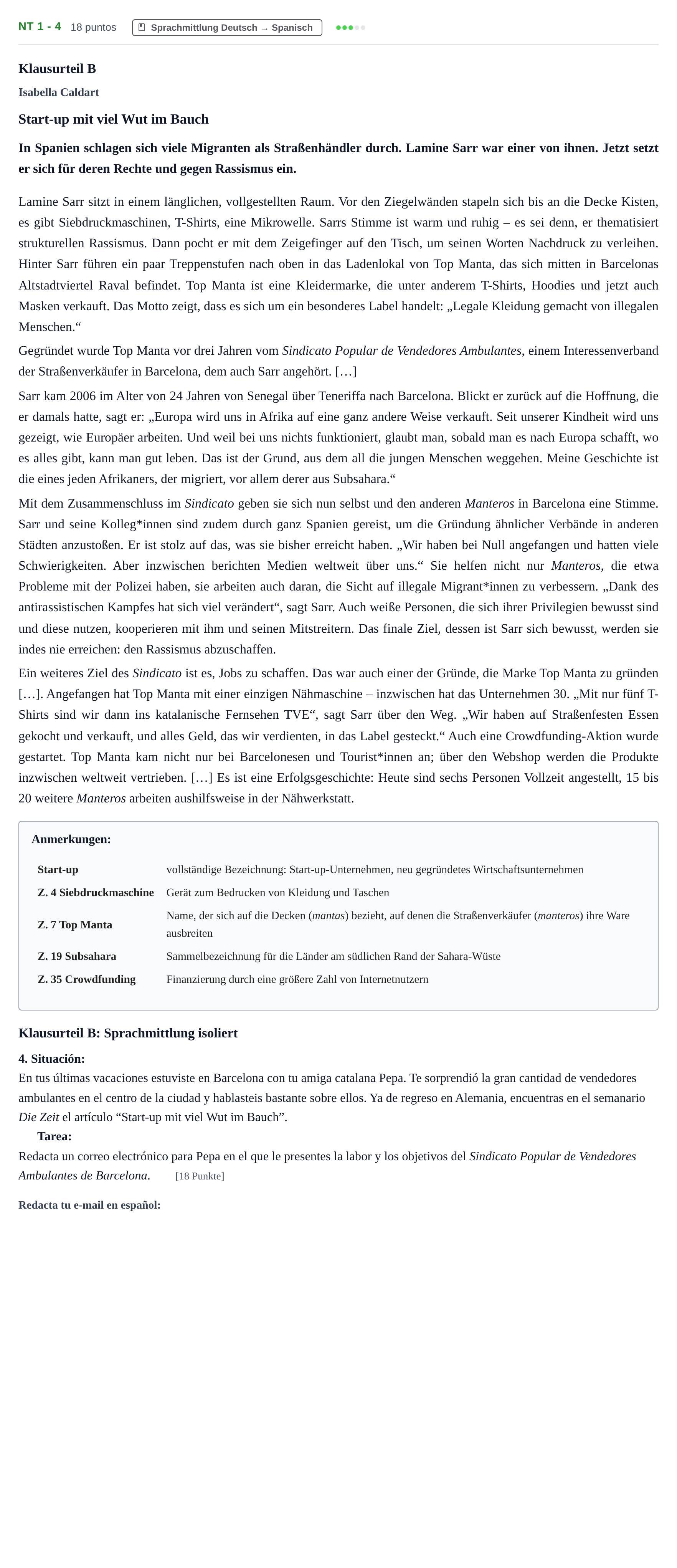 Aufgabenstellung: Aufgabe NT 1 - 4 · Abitur NRW Spanisch GK · Nachtermin · neu einsetzend 2021