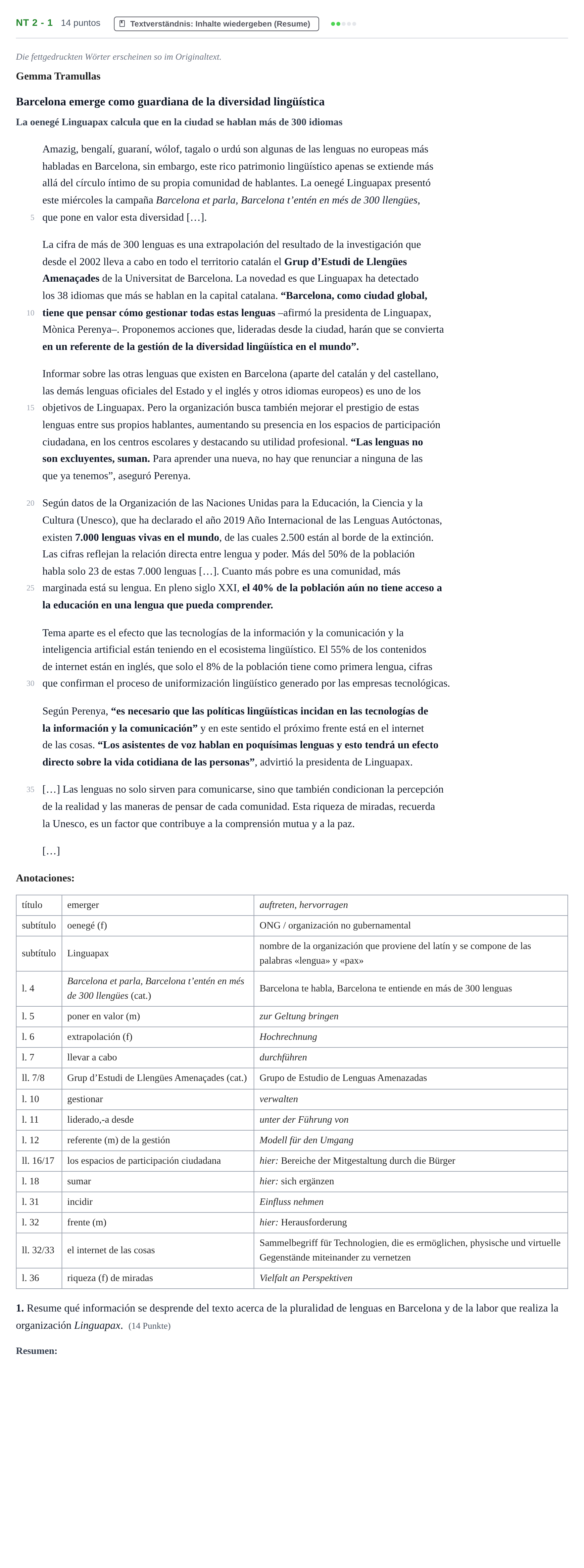 Aufgabenstellung: Aufgabe NT 2 - 1 · Abitur NRW Spanisch GK · Nachtermin · neu einsetzend 2021