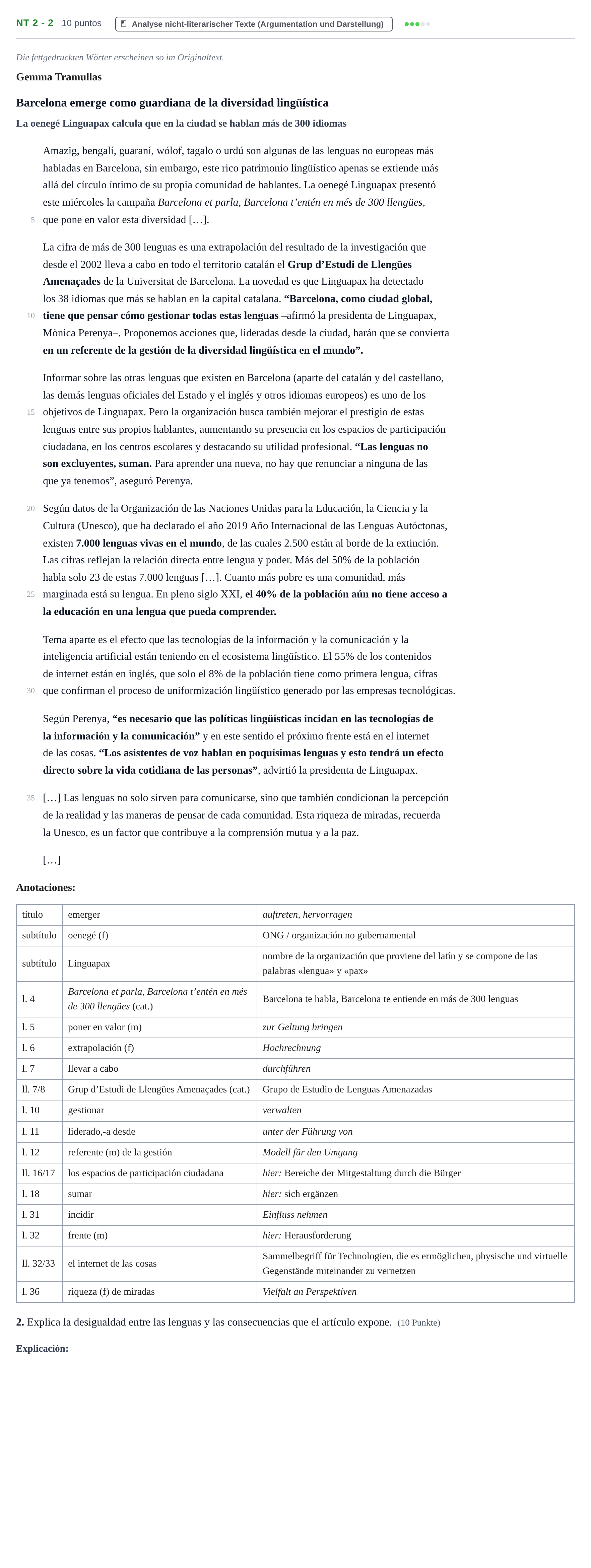 Aufgabenstellung: Aufgabe NT 2 - 2 · Abitur NRW Spanisch GK · Nachtermin · neu einsetzend 2021