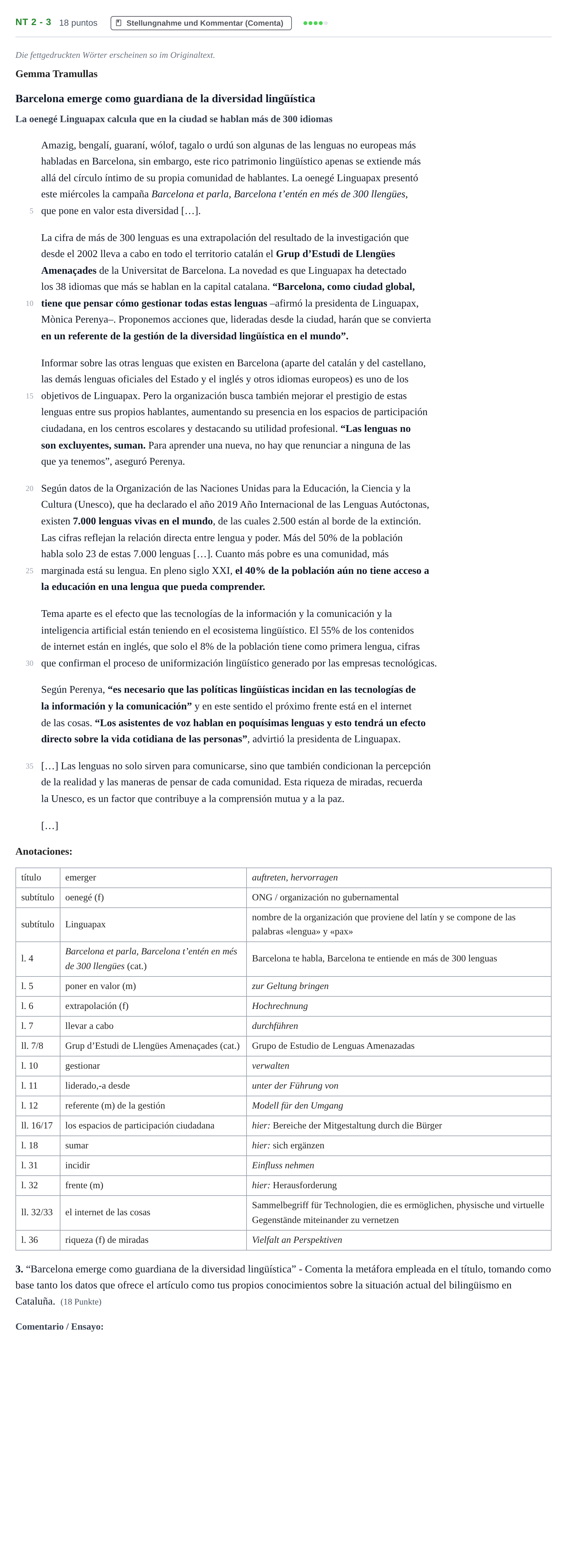 Aufgabenstellung: Aufgabe NT 2 - 3 · Abitur NRW Spanisch GK · Nachtermin · neu einsetzend 2021
