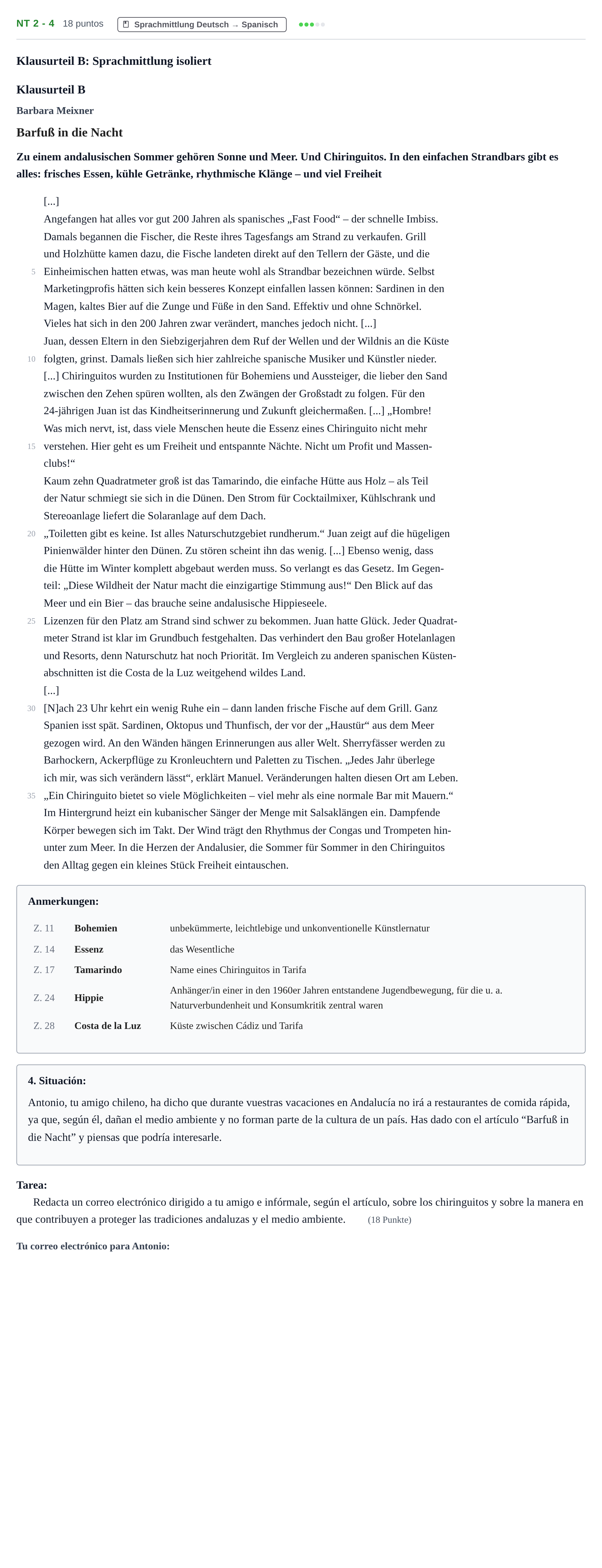 Aufgabenstellung: Aufgabe NT 2 - 4 · Abitur NRW Spanisch GK · Nachtermin · neu einsetzend 2021