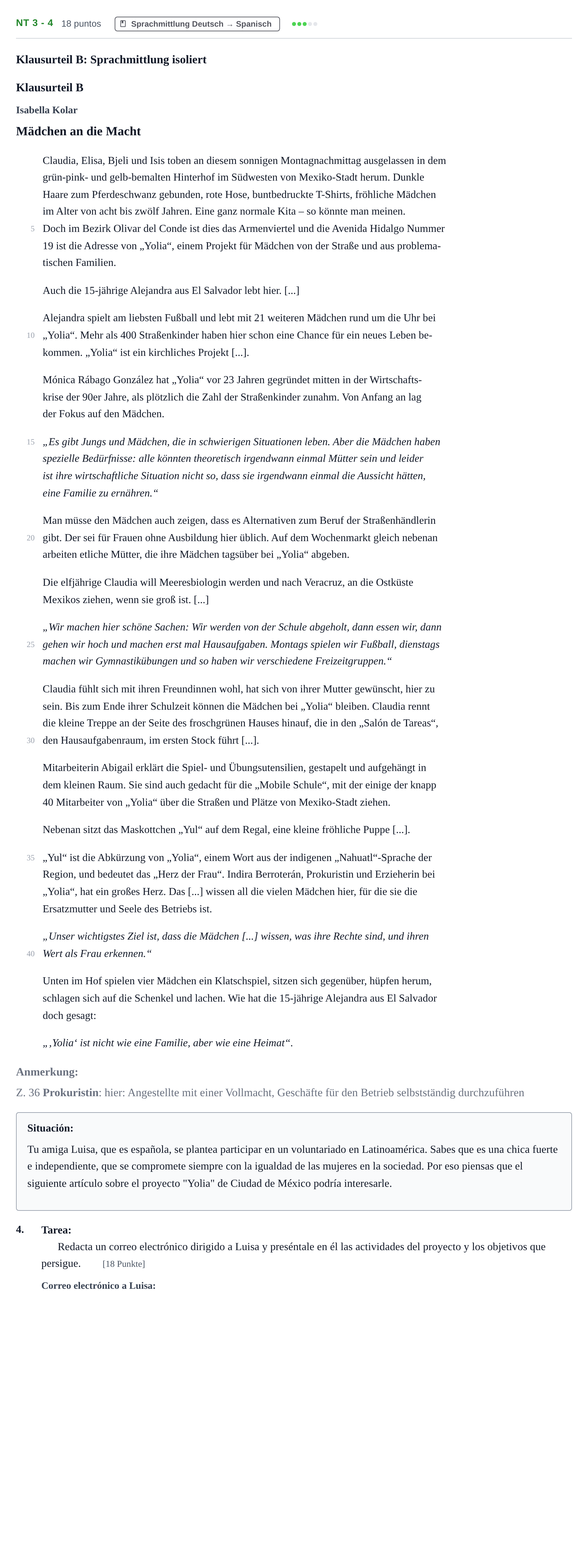 Aufgabenstellung: Aufgabe NT 3 - 4 · Abitur NRW Spanisch GK · Nachtermin · neu einsetzend 2021