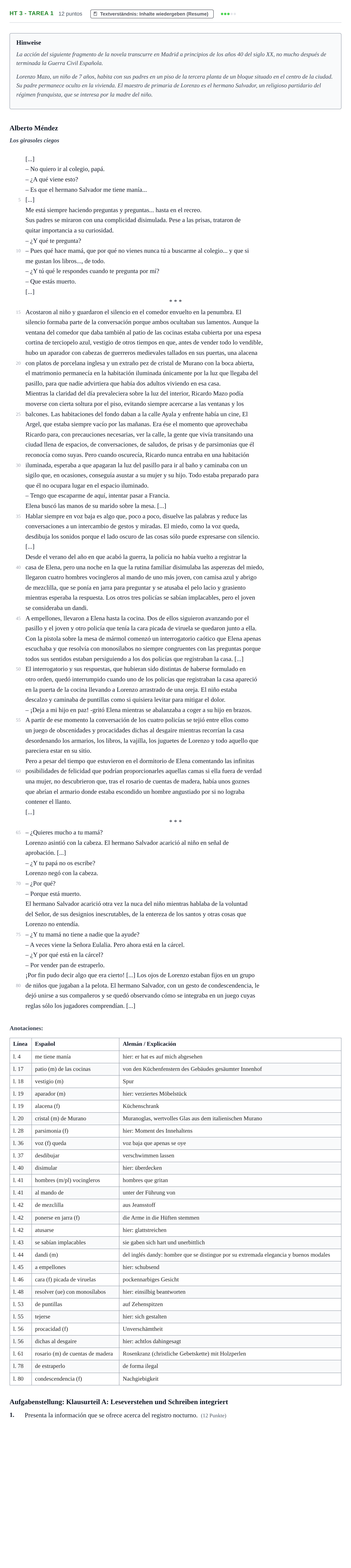 Aufgabenstellung: Aufgabe HT 3 - Tarea 1 · Abitur NRW Spanisch LK · Haupttermin · fortgeführt 2021
