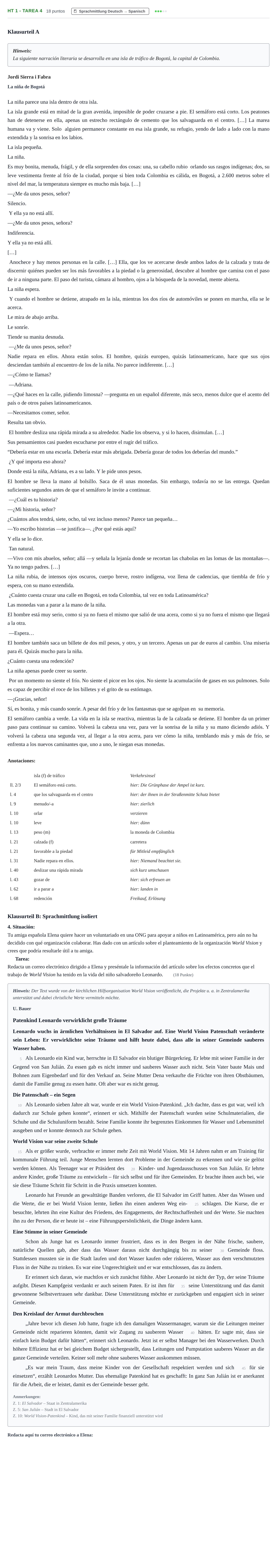 Aufgabenstellung: Aufgabe HT 1 - Tarea 4 · Abitur NRW Spanisch GK · Haupttermin · fortgeführt 2022