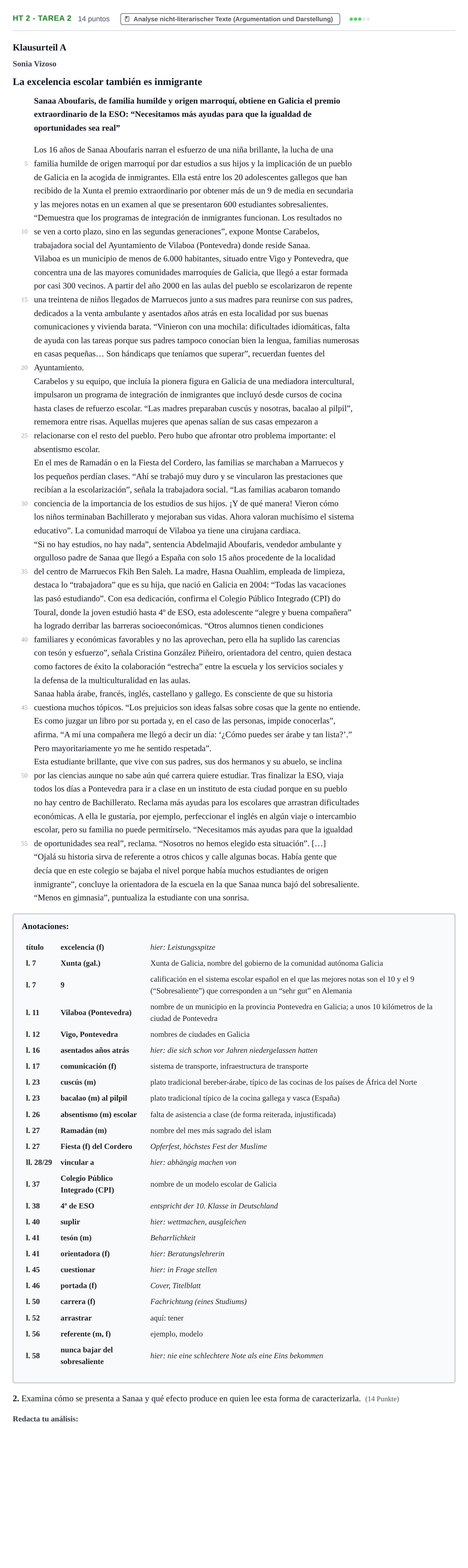 Aufgabenstellung: Aufgabe HT 2 - Tarea 2 · Abitur NRW Spanisch GK · Haupttermin · fortgeführt 2022