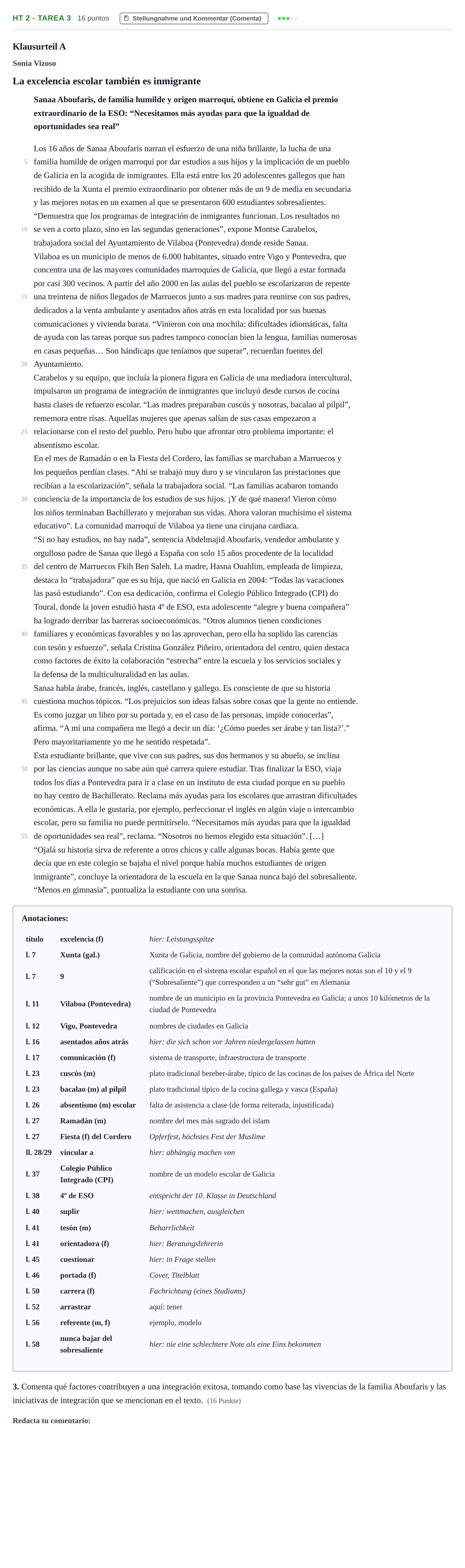 Aufgabenstellung: Aufgabe HT 2 - Tarea 3 · Abitur NRW Spanisch GK · Haupttermin · fortgeführt 2022