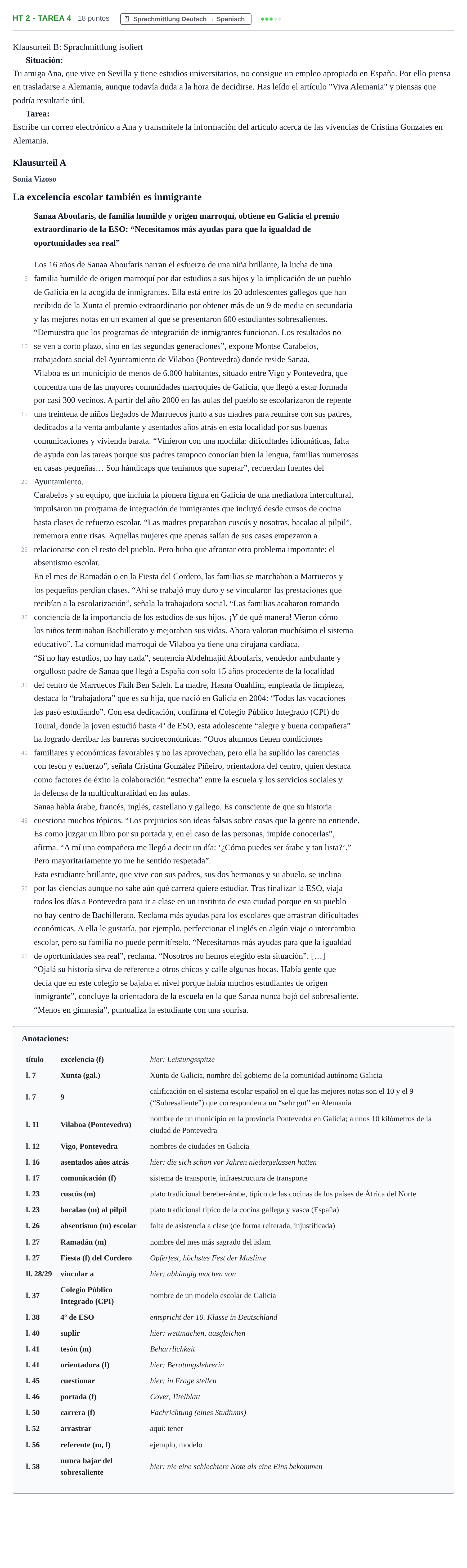 Aufgabenstellung: Aufgabe HT 2 - Tarea 4 · Abitur NRW Spanisch GK · Haupttermin · fortgeführt 2022