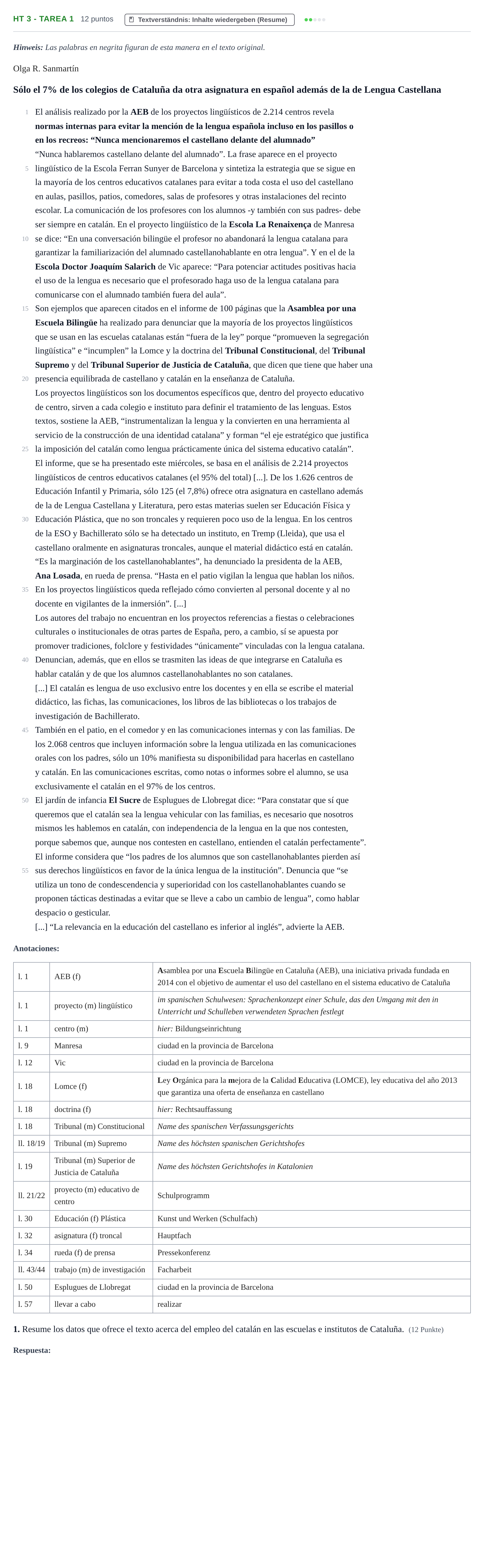Aufgabenstellung: Aufgabe HT 3 - Tarea 1 · Abitur NRW Spanisch GK · Haupttermin · fortgeführt 2022