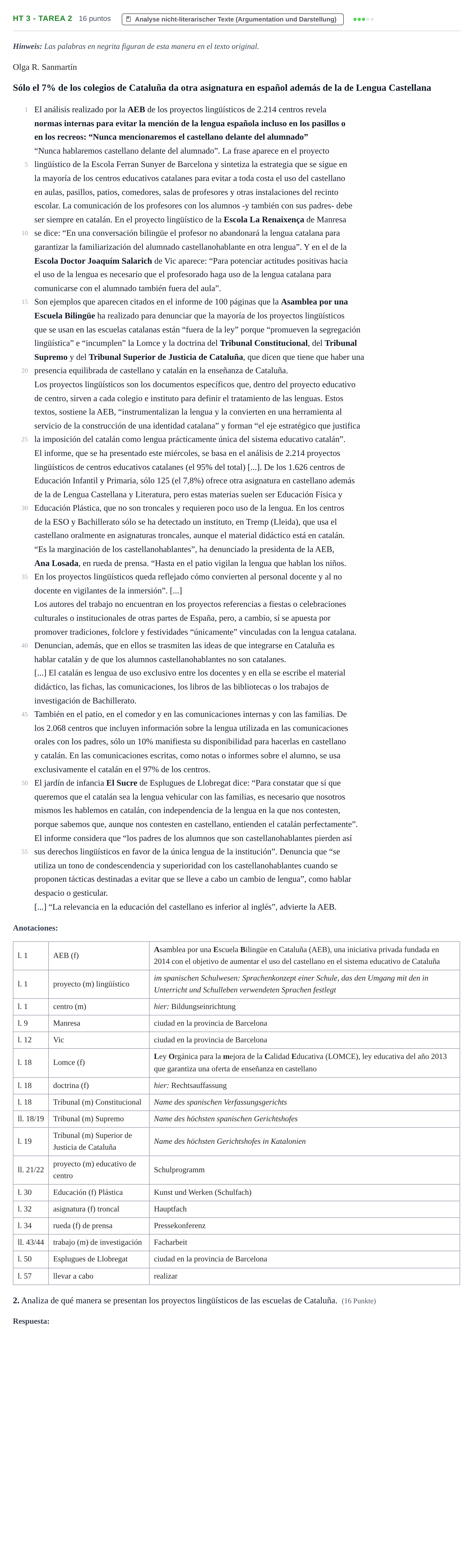 Aufgabenstellung: Aufgabe HT 3 - Tarea 2 · Abitur NRW Spanisch GK · Haupttermin · fortgeführt 2022